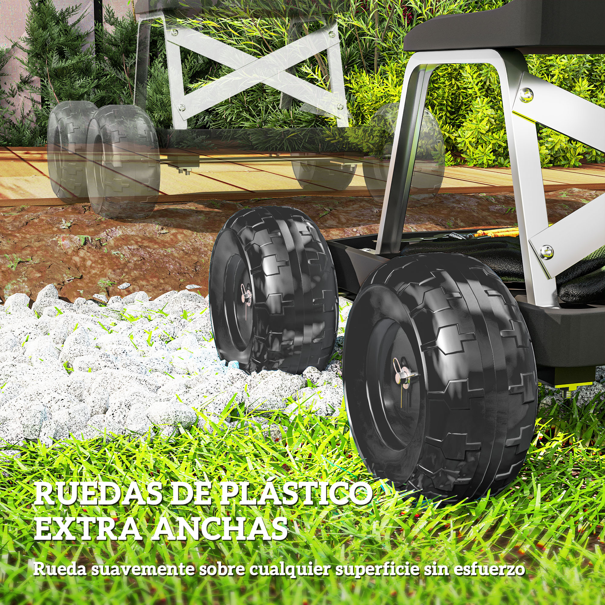 Ruedas anchas de plástico sobre hierba y grava con marco metálico y plantas verdes.