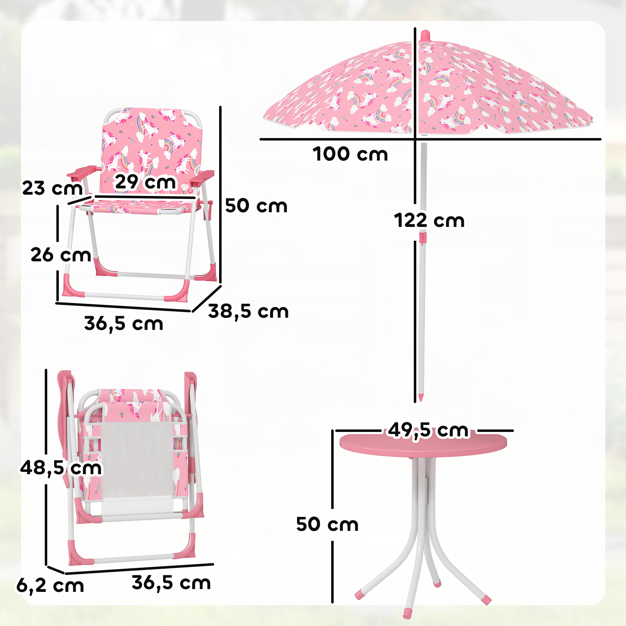 Silla infantil, sombrilla y mesa con estampado de unicornios.