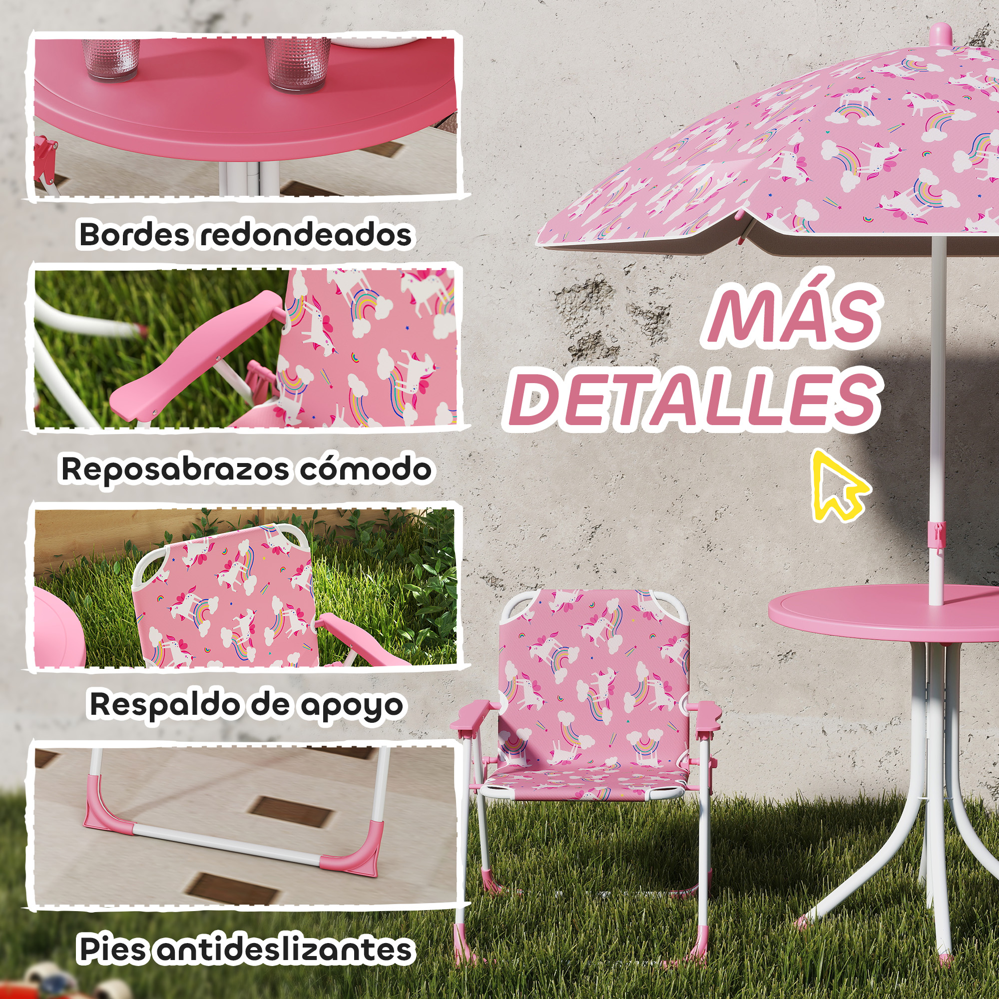 Un juego de mesa y silla infantil rosa con unicornios y arcoíris, al aire libre.