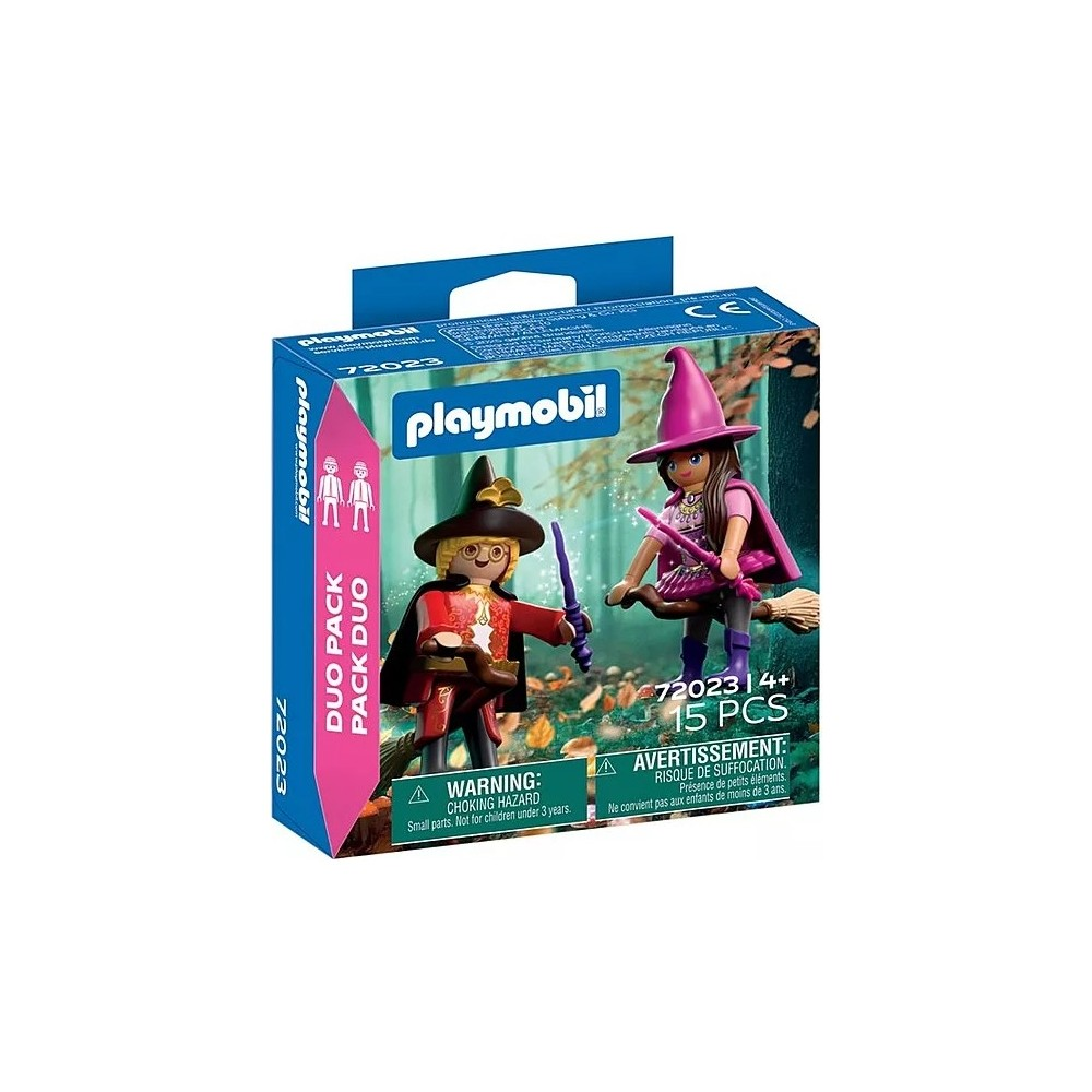Playmobil kutusu, iki cadı figürü, biri süpürgeyle uçuyor.