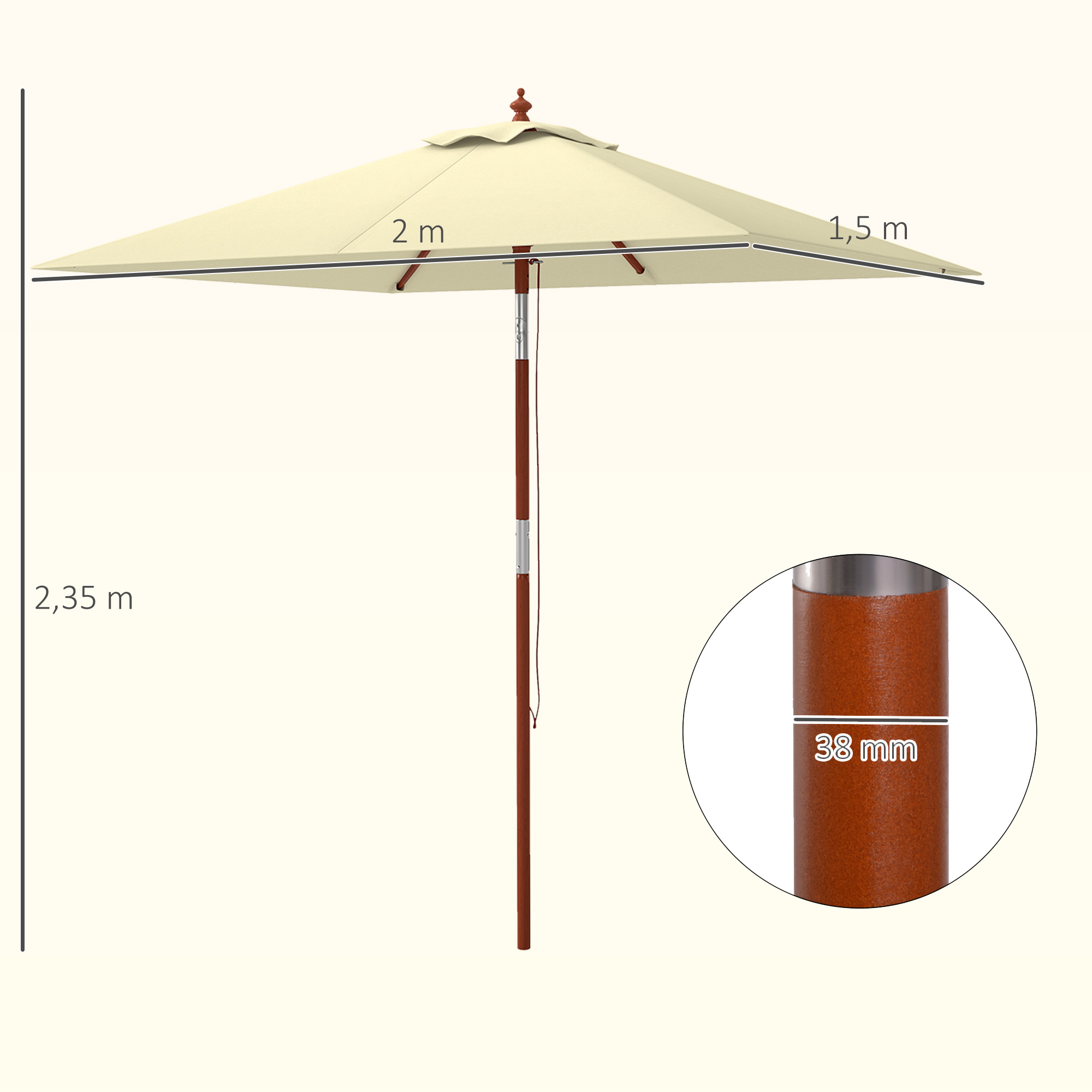 Un parasol color crema con poste de madera, 2,35m de alto, 2m de ancho, 1,5m de profundo.