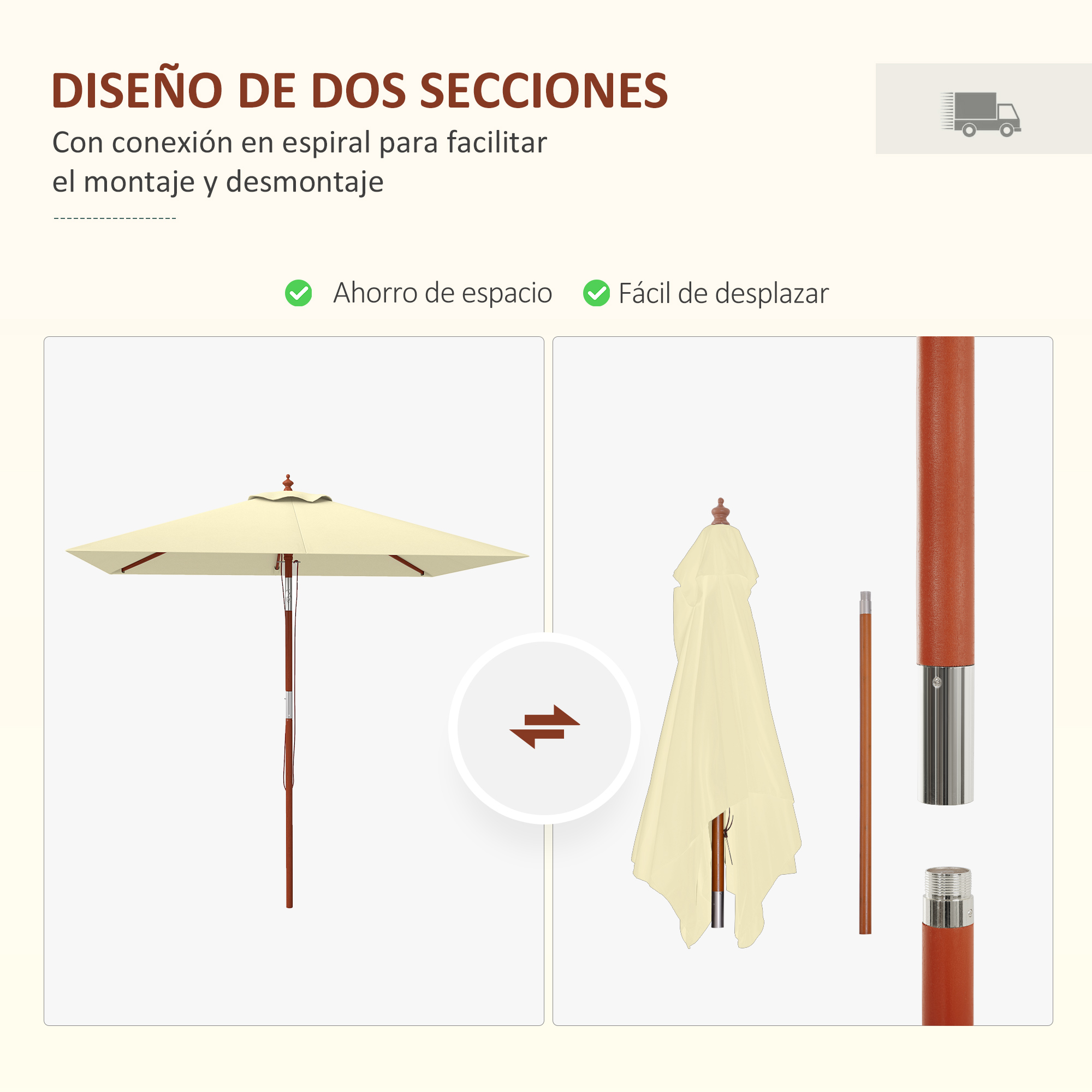 Un paraguas beige, mostrado montado, plegado y desmontado con partes de madera y metal.
