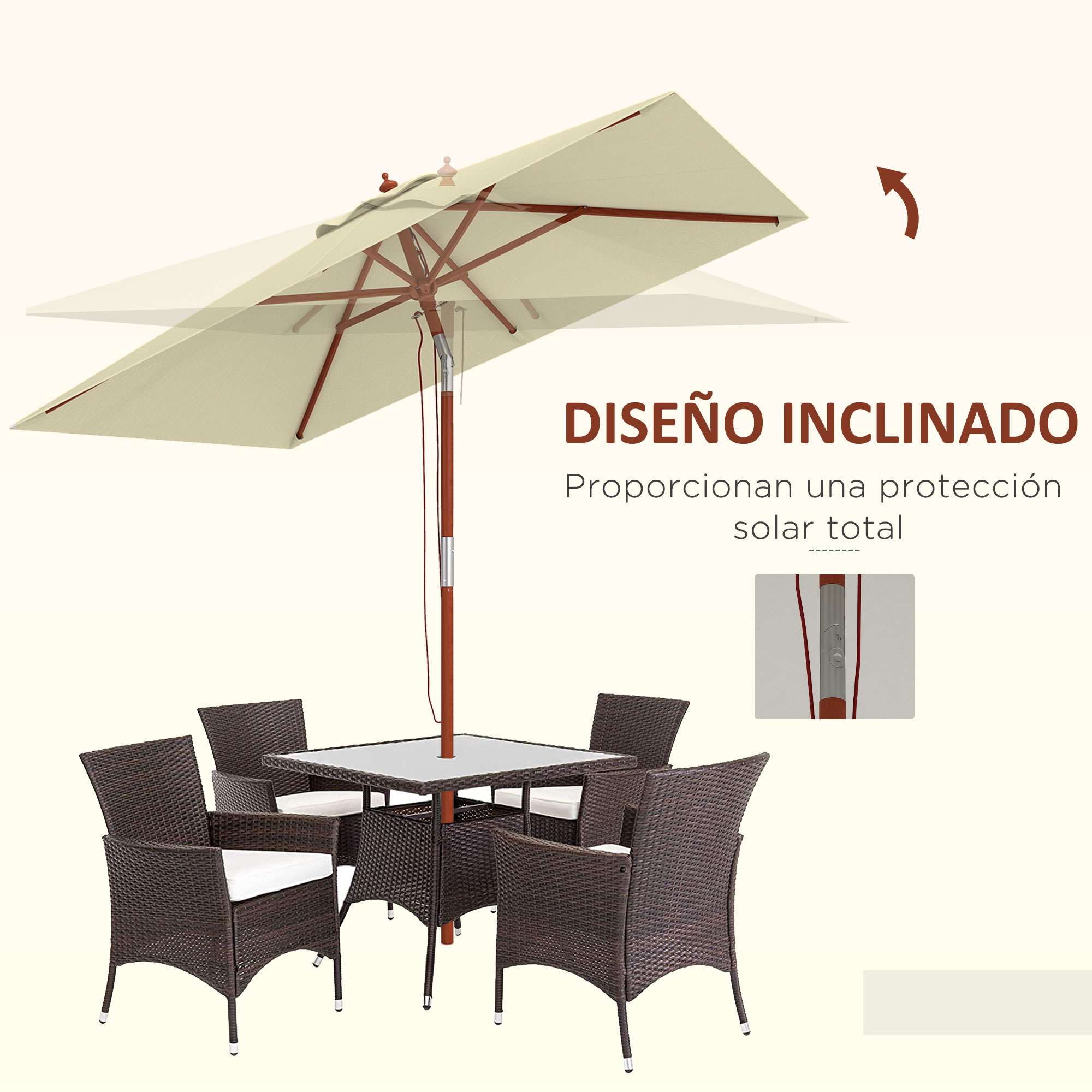 Un parasol rectangular sobre una mesa de cristal con cuatro sillas de mimbre.