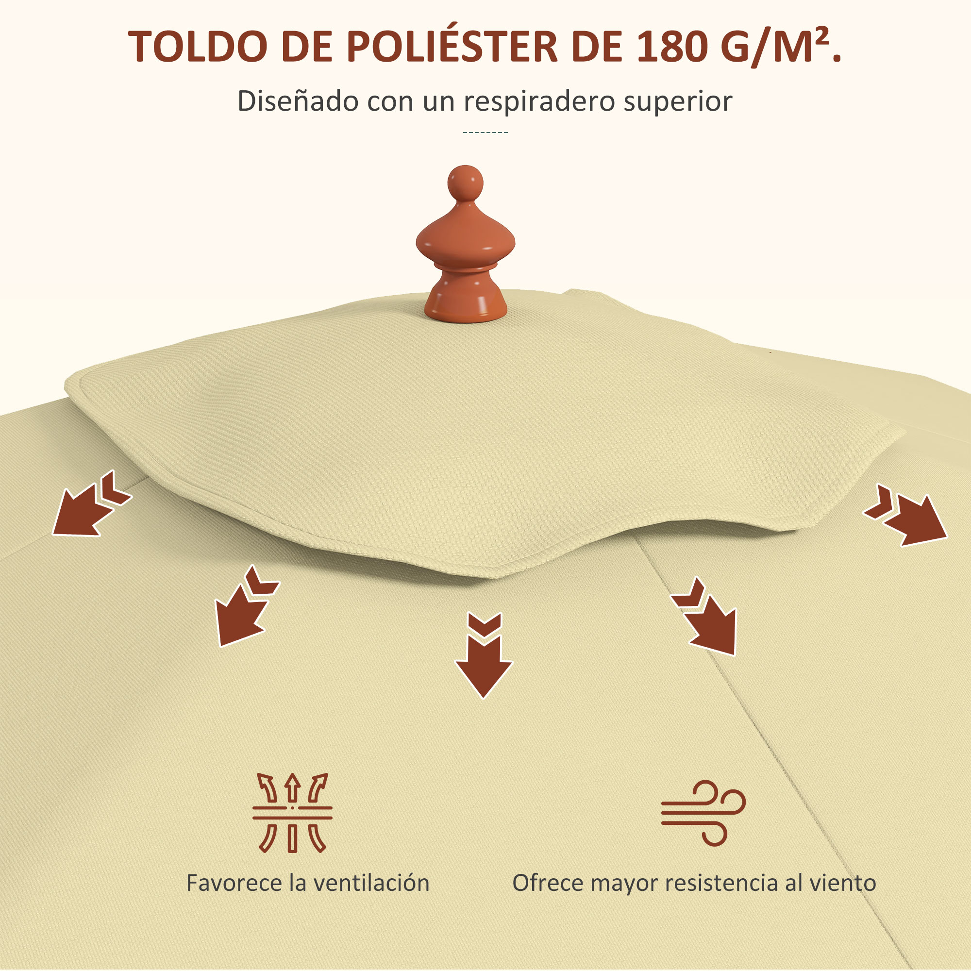 Sombrilla beige con flechas marrones indicando ventilación y resistencia al viento.