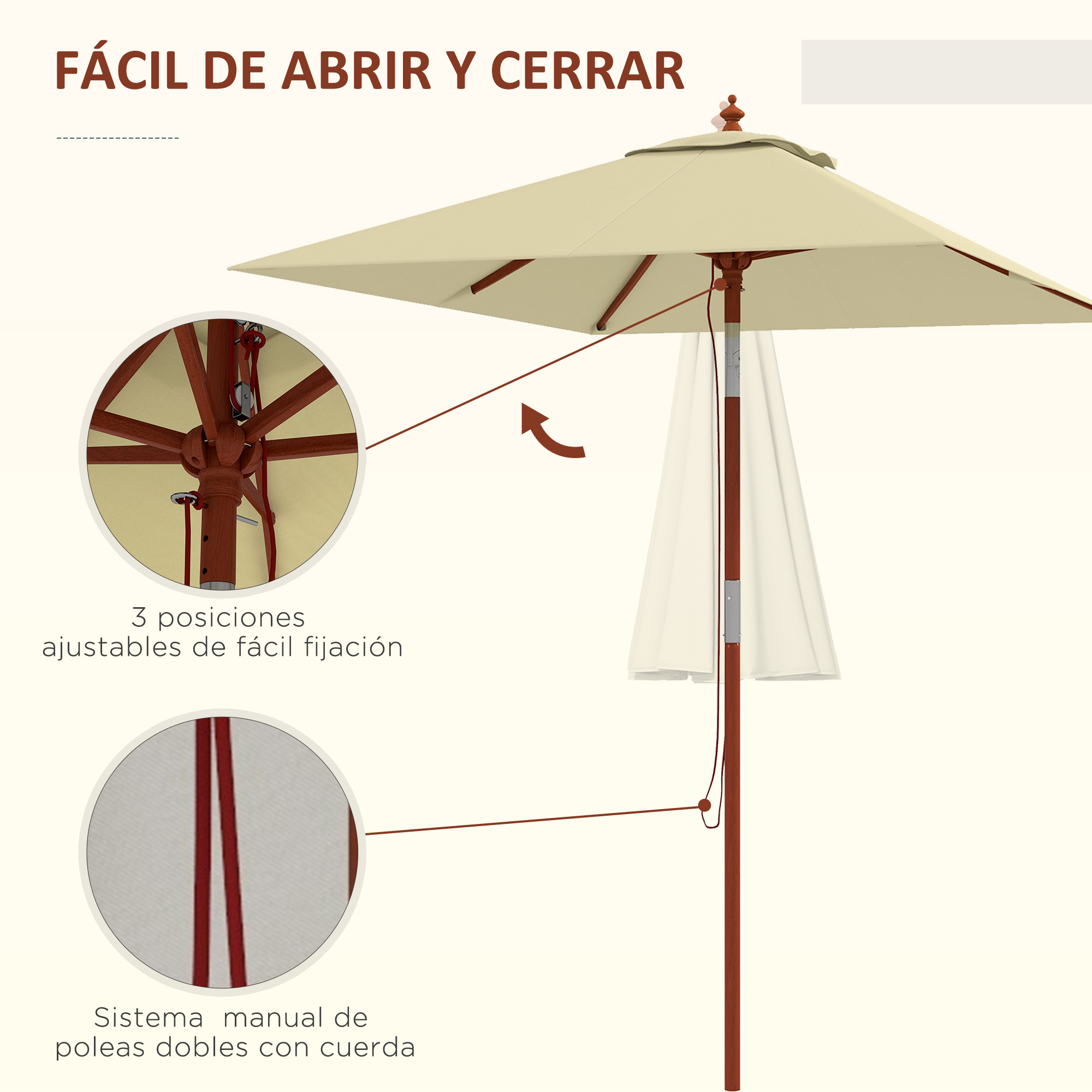 Un paraguas beige con poste de madera y sistema de poleas.