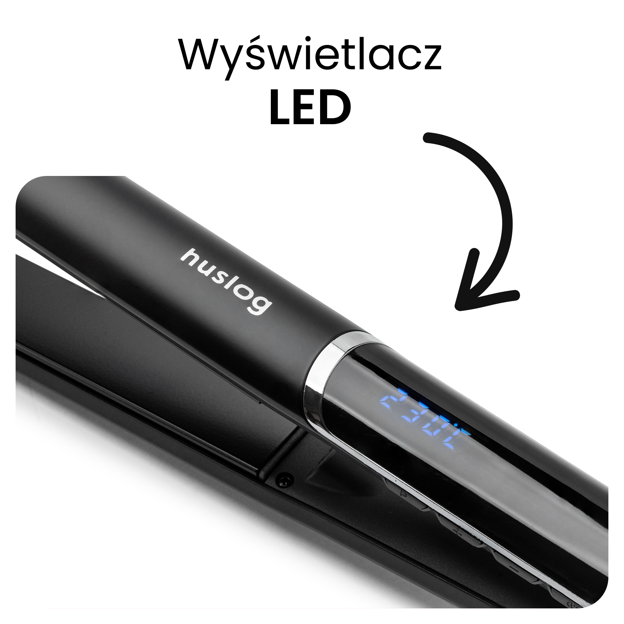 Czarna prostownica z wyświetlaczem LED (230°C) i nazwą marki 'huslog'.