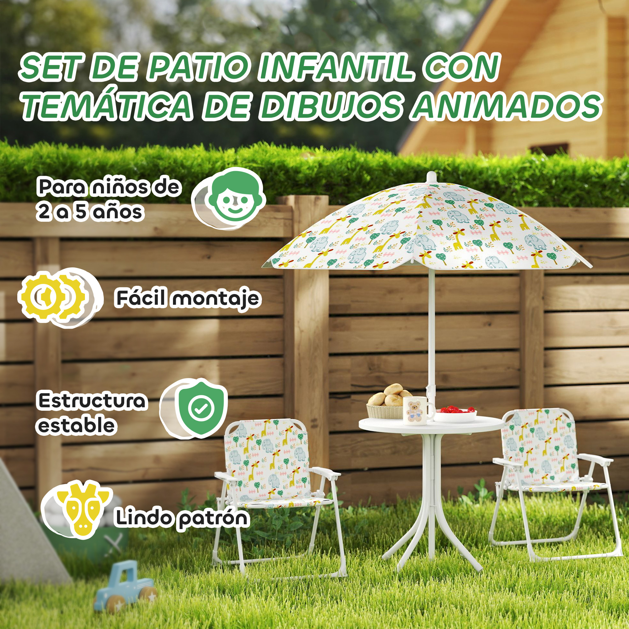 Juego de patio infantil con sombrilla sobre césped, con estampado de animales.
