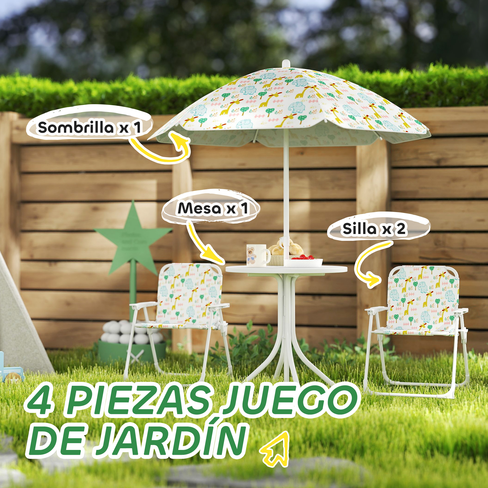 Conjunto de jardín con sombrilla estampada, mesa y dos sillas con motivo animal.