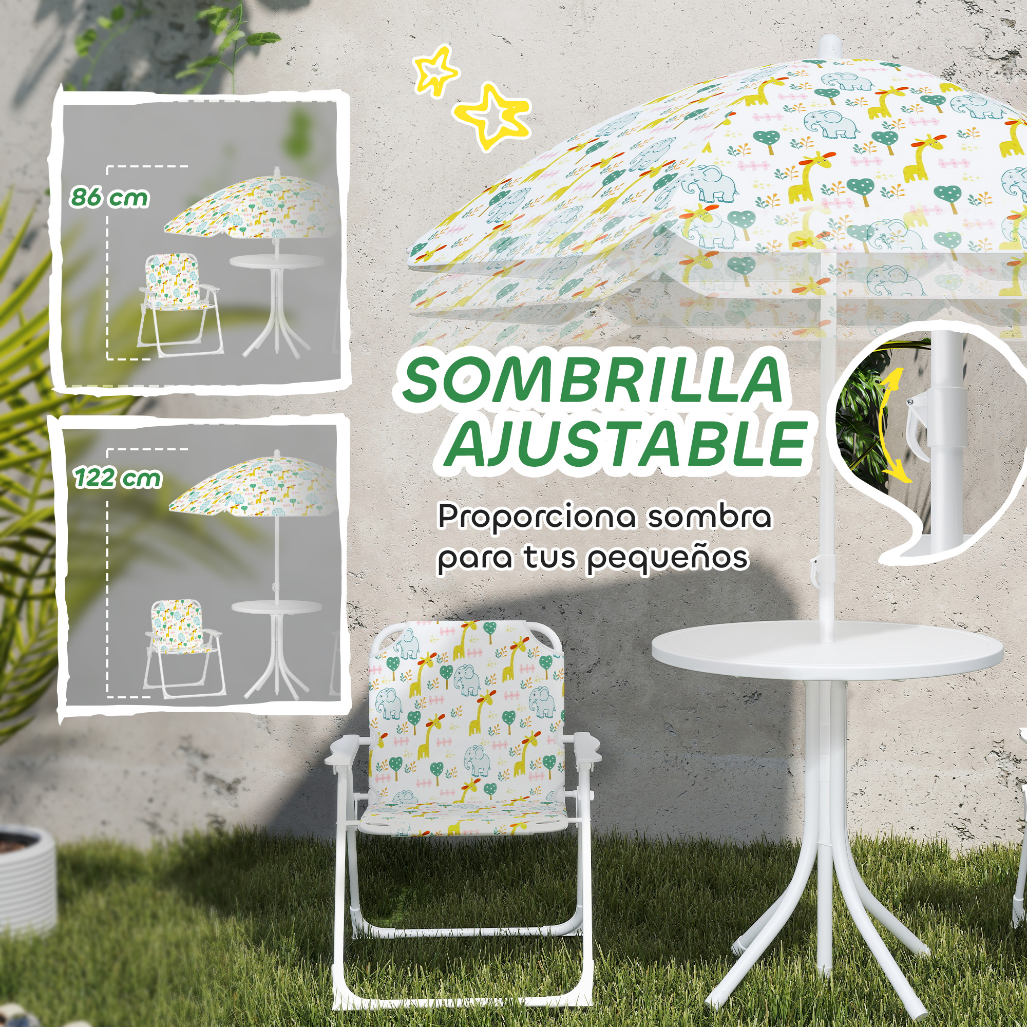 Un paraguas y silla blancos con estampado de animales sobre césped frente a pared.