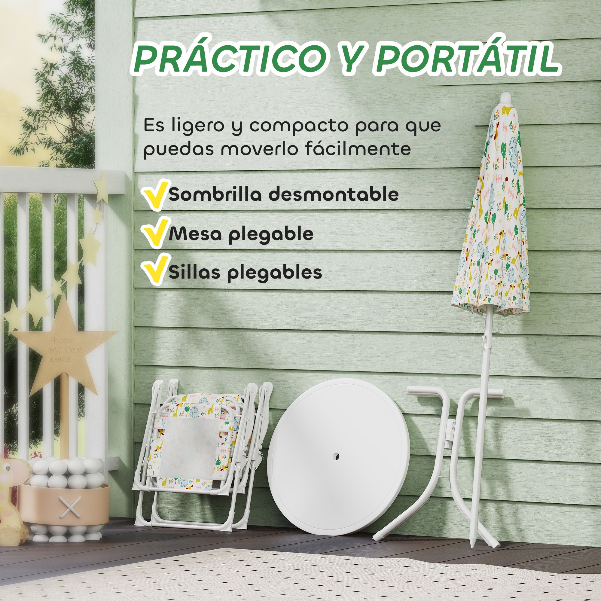 Mesa plegable blanca, silla y sombrilla con estampado de animales en terraza de madera.