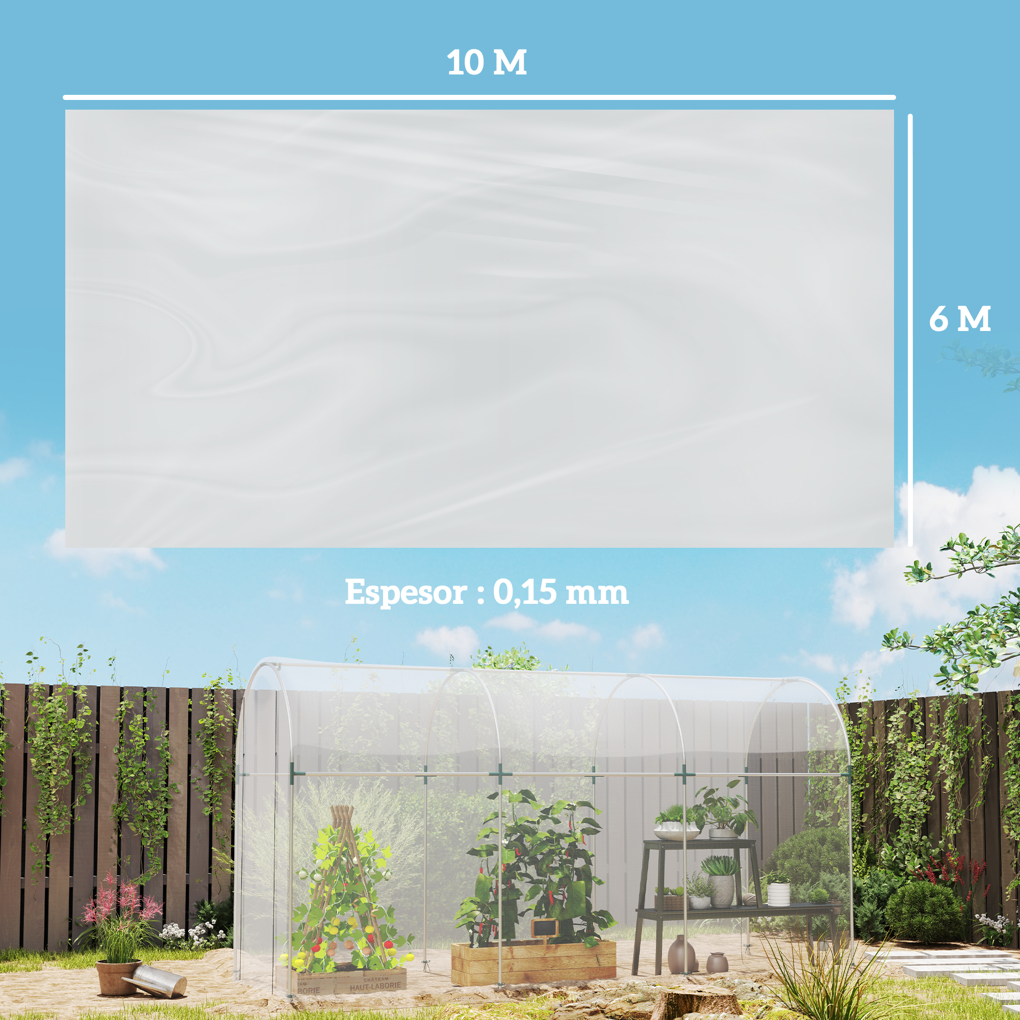 Un invernadero de 10m x 6m con un grosor de 0,15 mm.