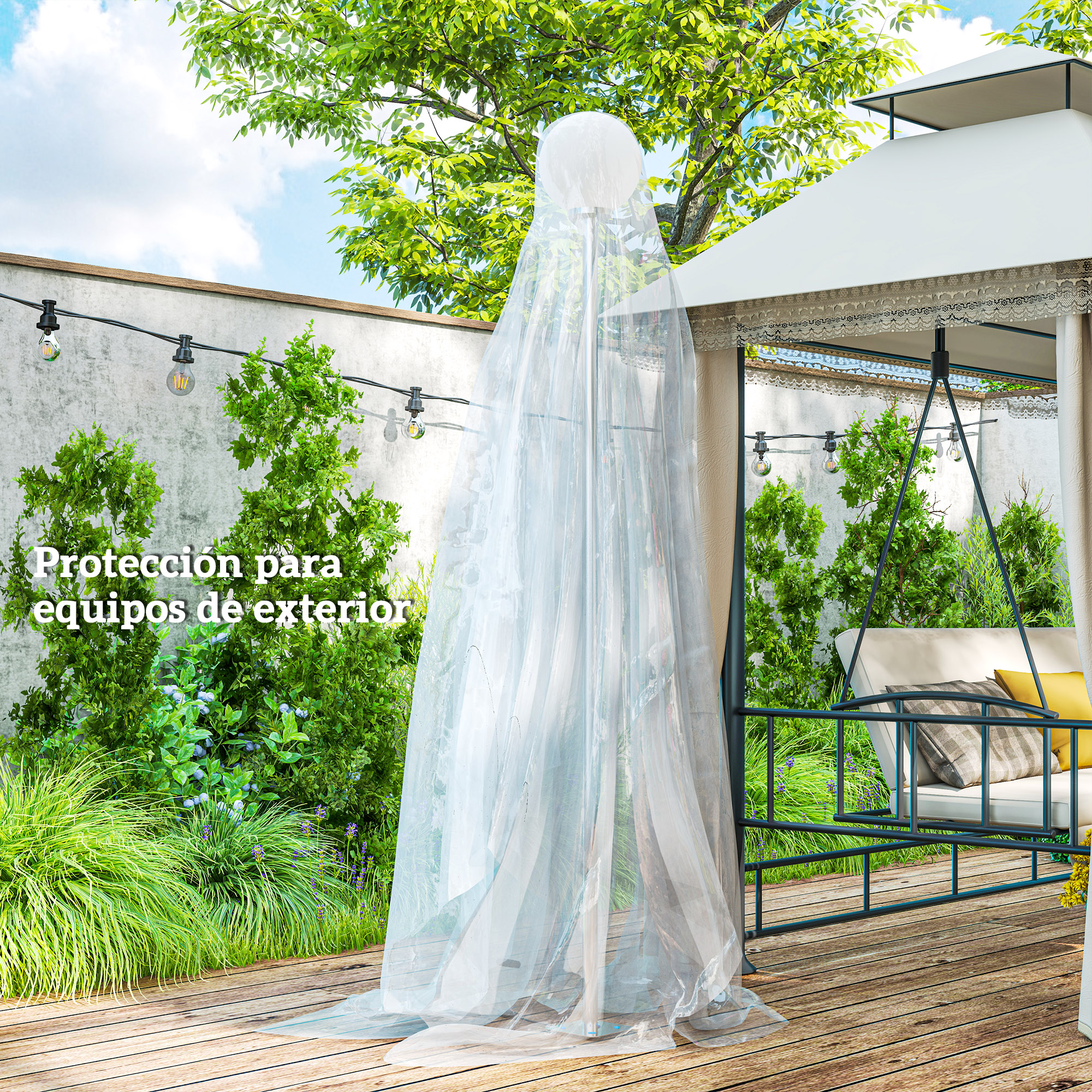 Una cubierta transparente cubre un objeto redondo en una terraza de madera cerca de una silla mecedora.