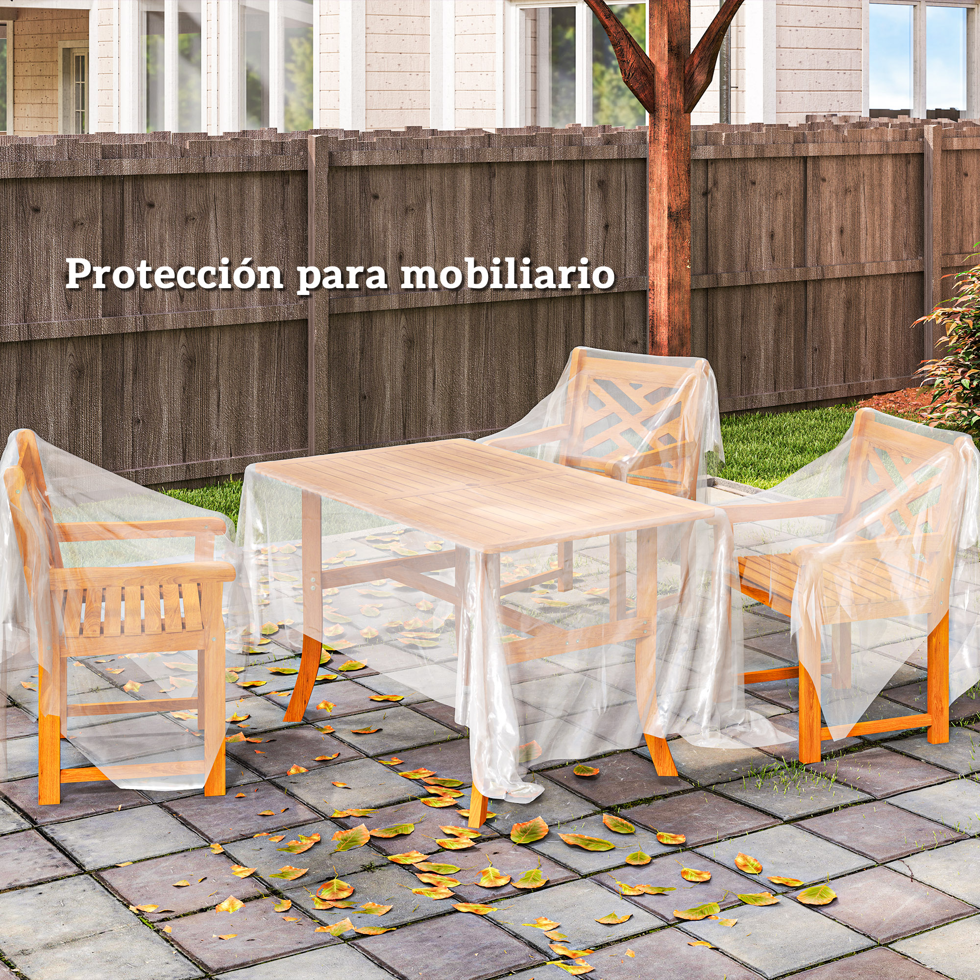 Mobiliario de jardín de madera cubierto con film protector, hojas caídas.