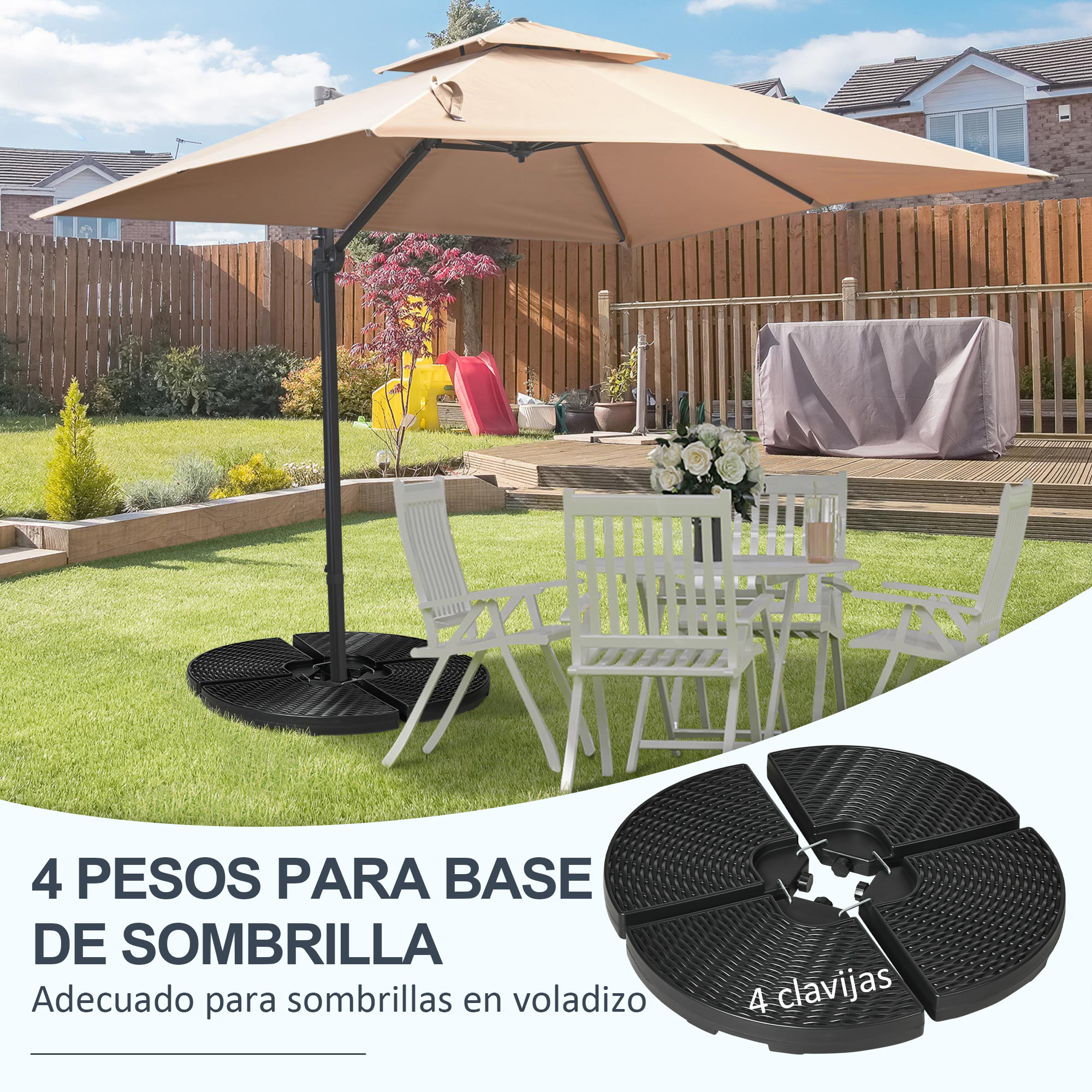 Una base de sombrilla voladiza con cuatro pesos está en un césped.
