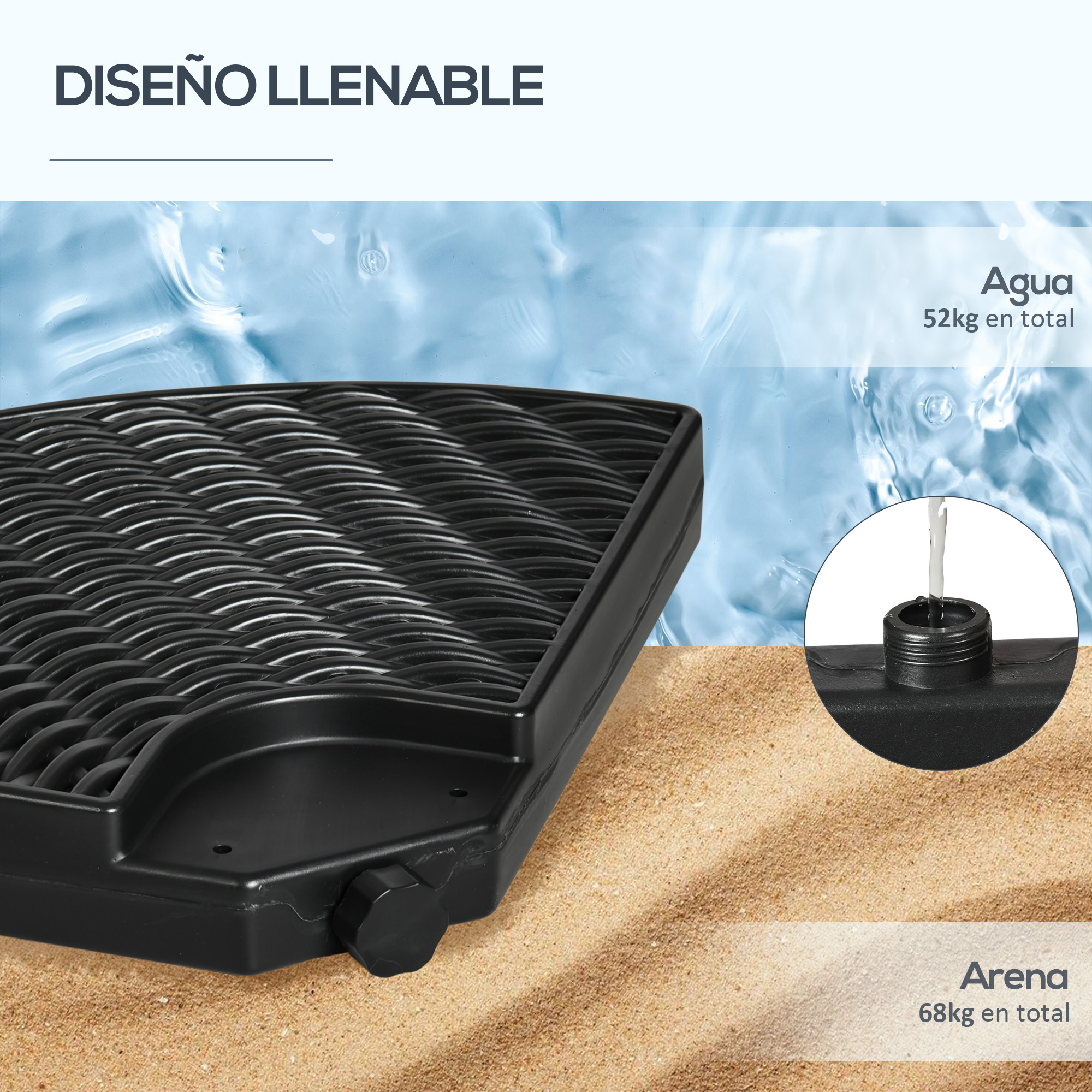 Base negra para sombrilla llenándose de agua y arena para estabilidad.