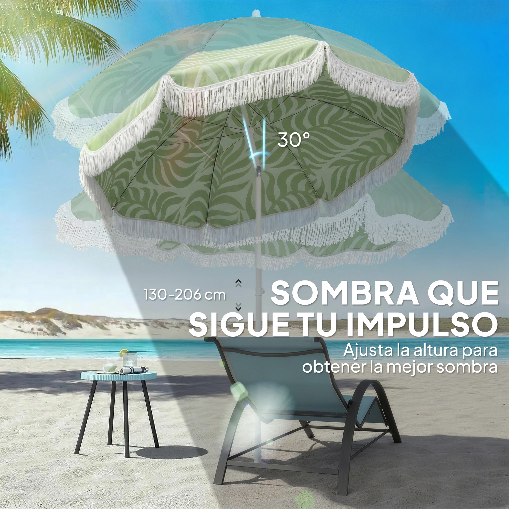 Escena de playa con sombrilla, tumbona y mesa. Cielo y mar al fondo.