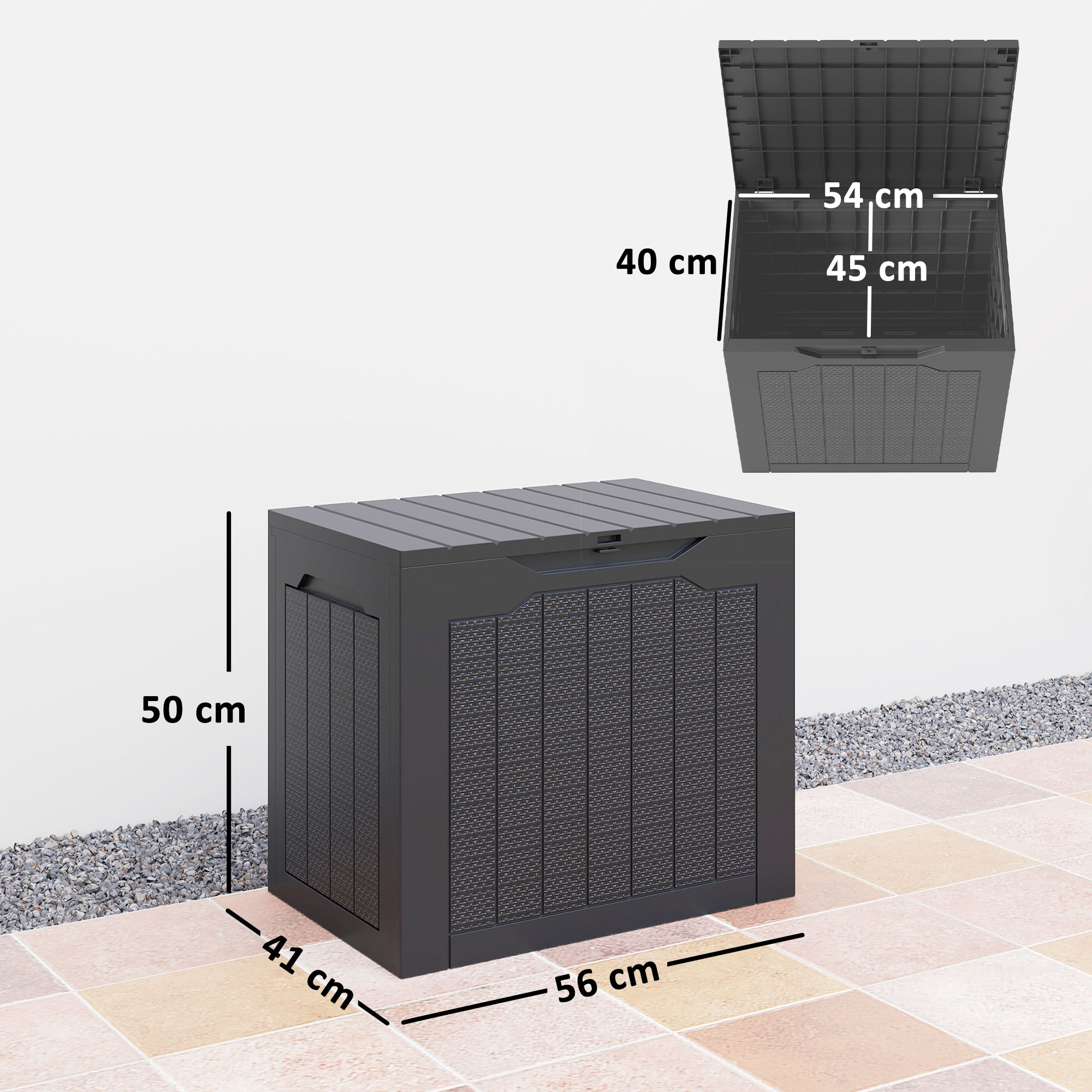 Un arcón de almacenamiento negro con dimensiones. Alto 50 cm, ancho 56 cm, fondo 41 cm.