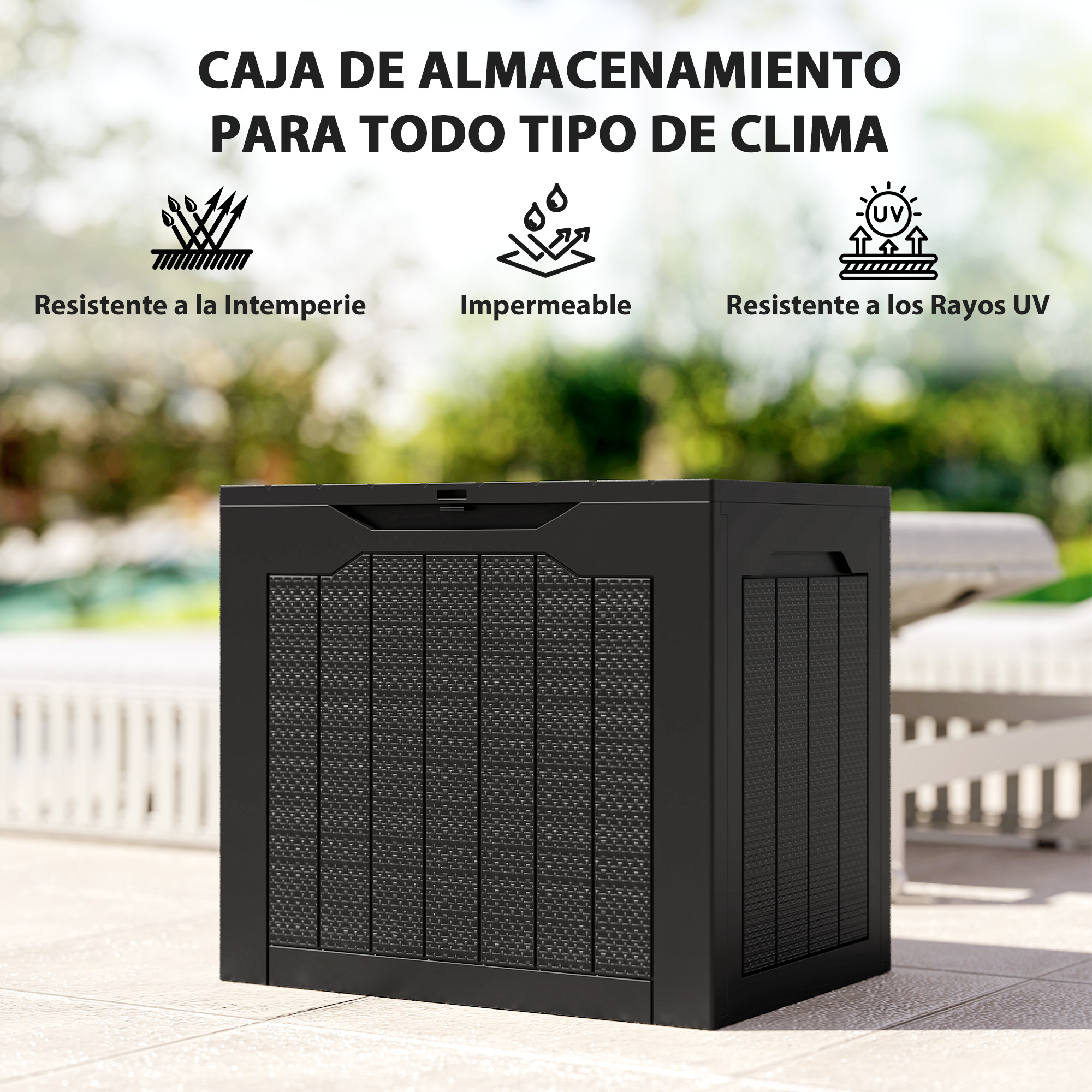 Caja de almacenamiento negra para exteriores con iconos resistentes.