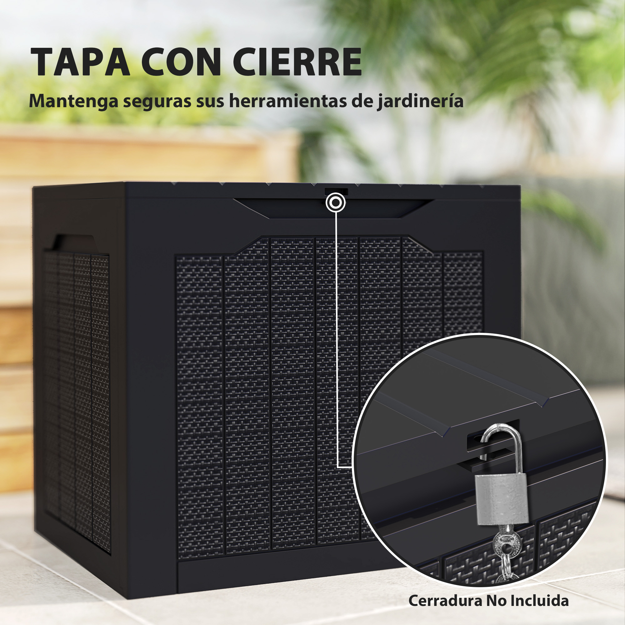 Caja de almacenamiento negra con textura de ratán y un primer plano de un bucle de candado abierto.