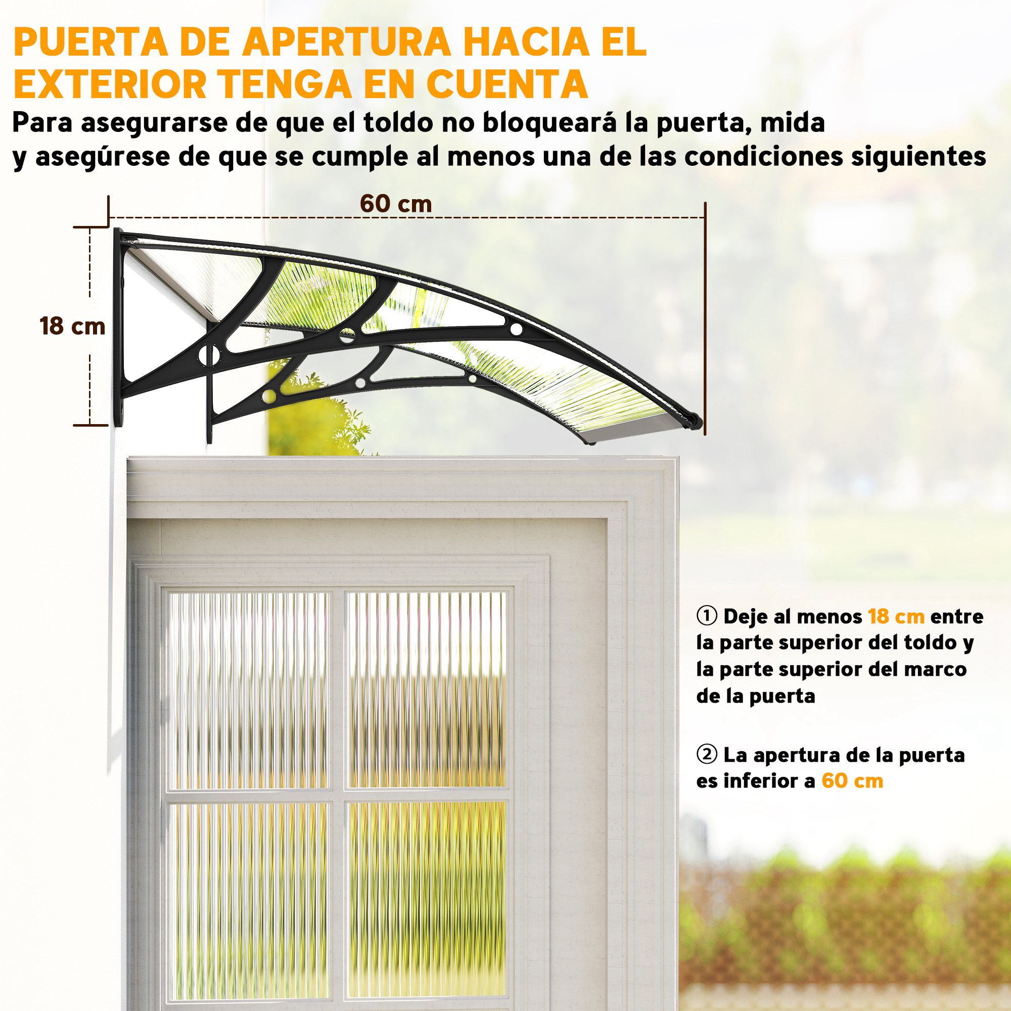 Un toldo sobre una puerta, con medidas de 18 cm y 60 cm.