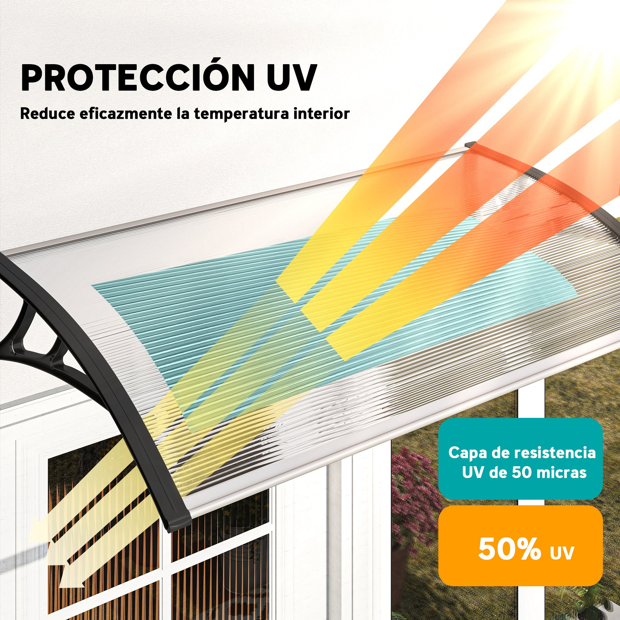 Un toldo protege una ventana de los rayos UV, con rayos coloridos.