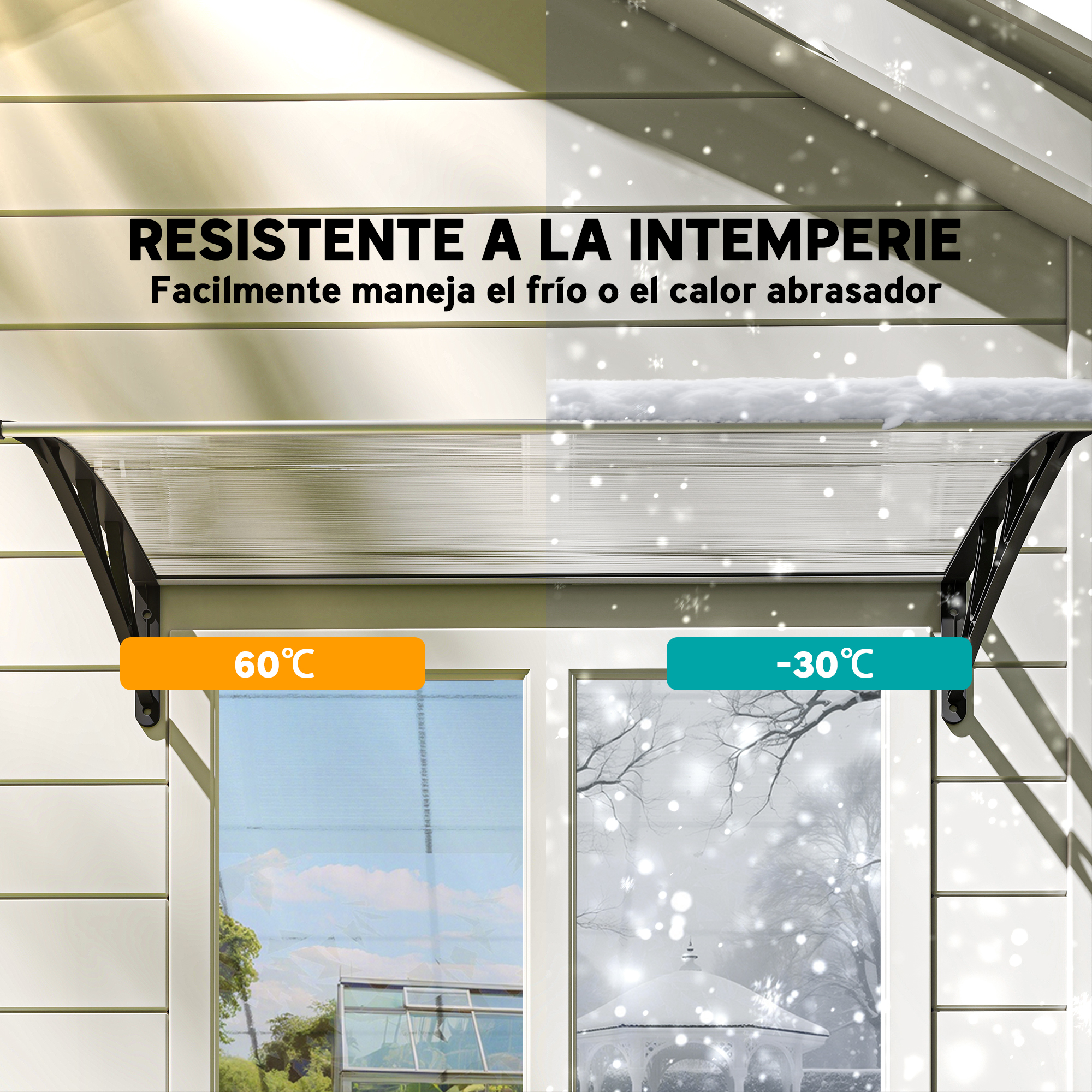 Toldo muestra 60°C y -30°C, es resistente.