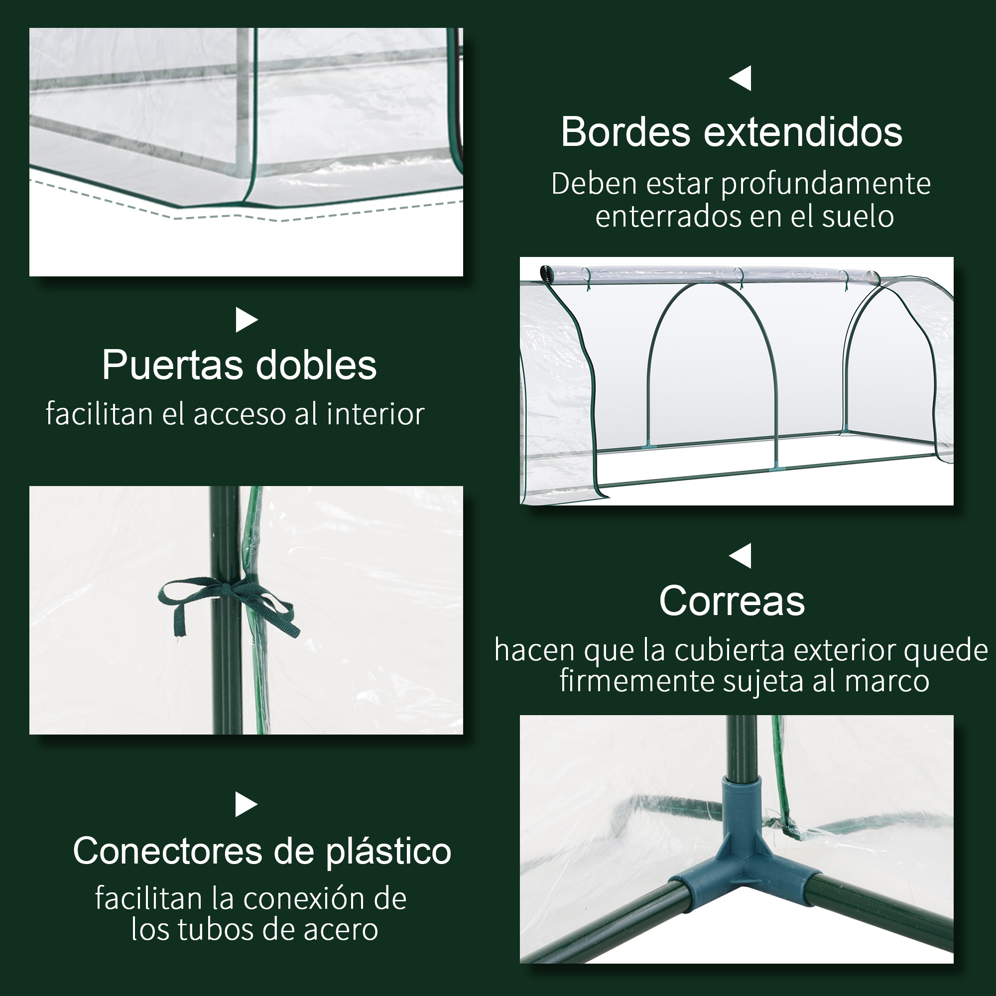 Invernadero con bordes extendidos, puertas dobles, conectores de plástico y correas.