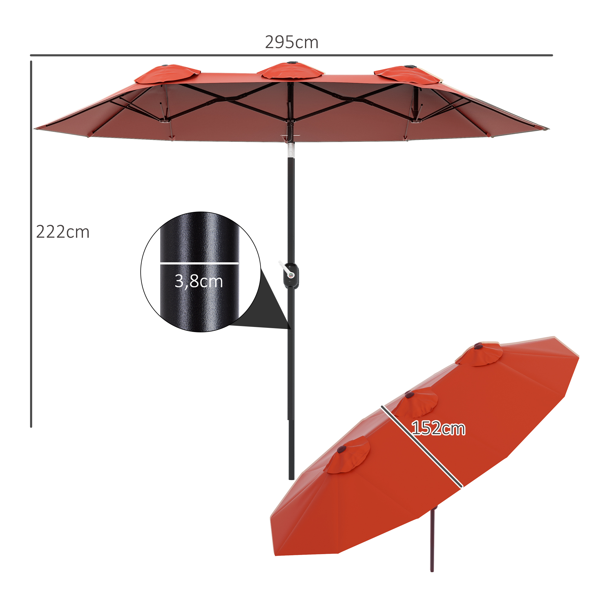 Sombrilla naranja con medidas. Altura 222cm, ancho 295cm, diámetro poste 3,8cm.