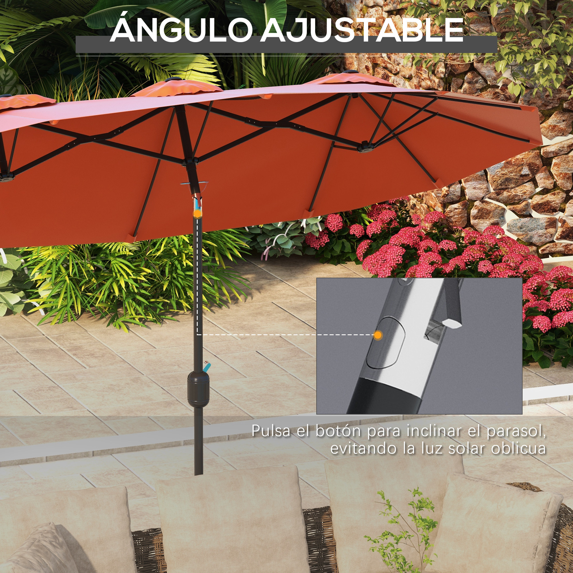 Sombrilla naranja para patio con ángulo ajustable en un patio de baldosas.