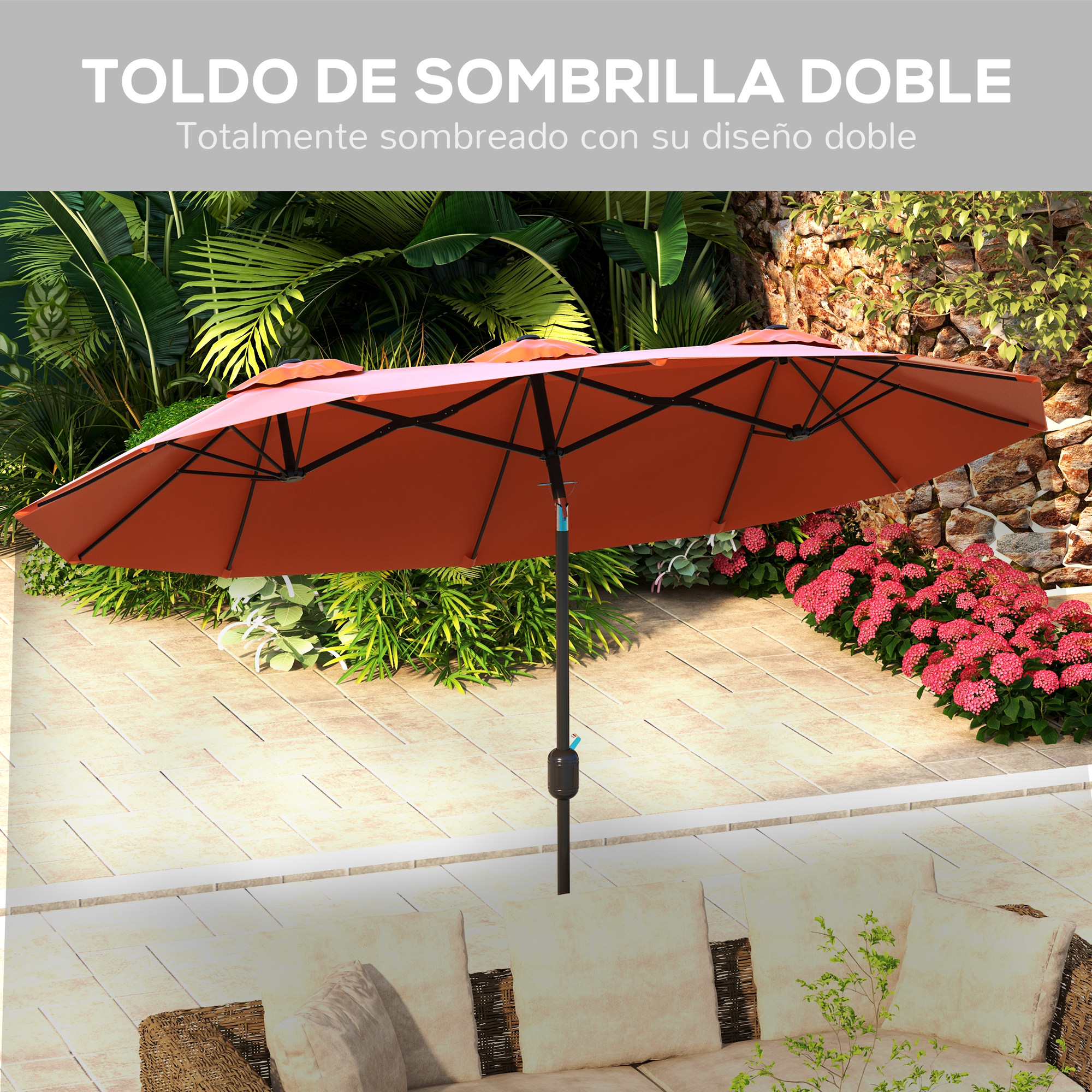 Parasol naranja de doble nivel sobre terraza embaldosada con plantas y asientos.