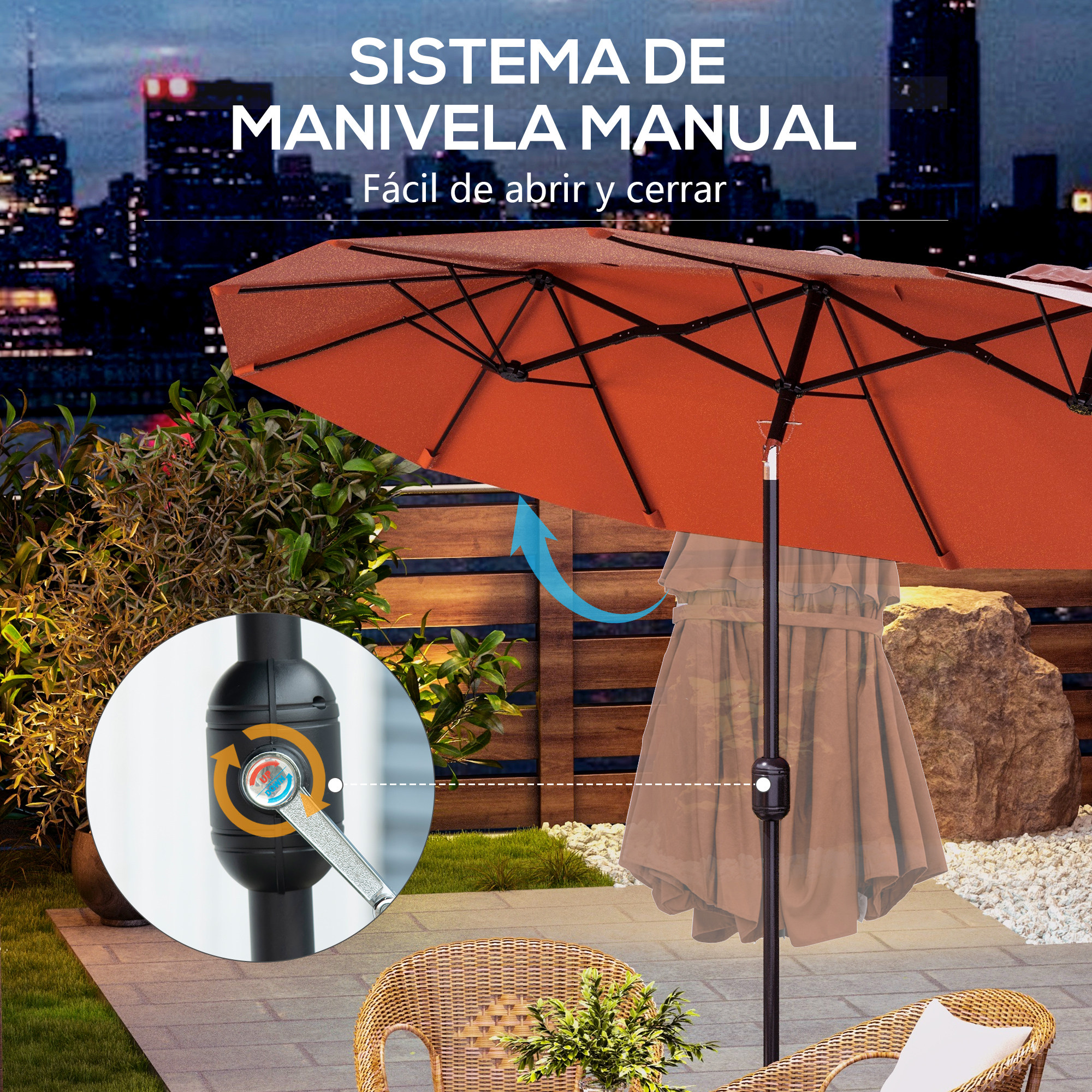 Un parasol naranja con mecanismo de manivela ante un paisaje urbano nocturno.