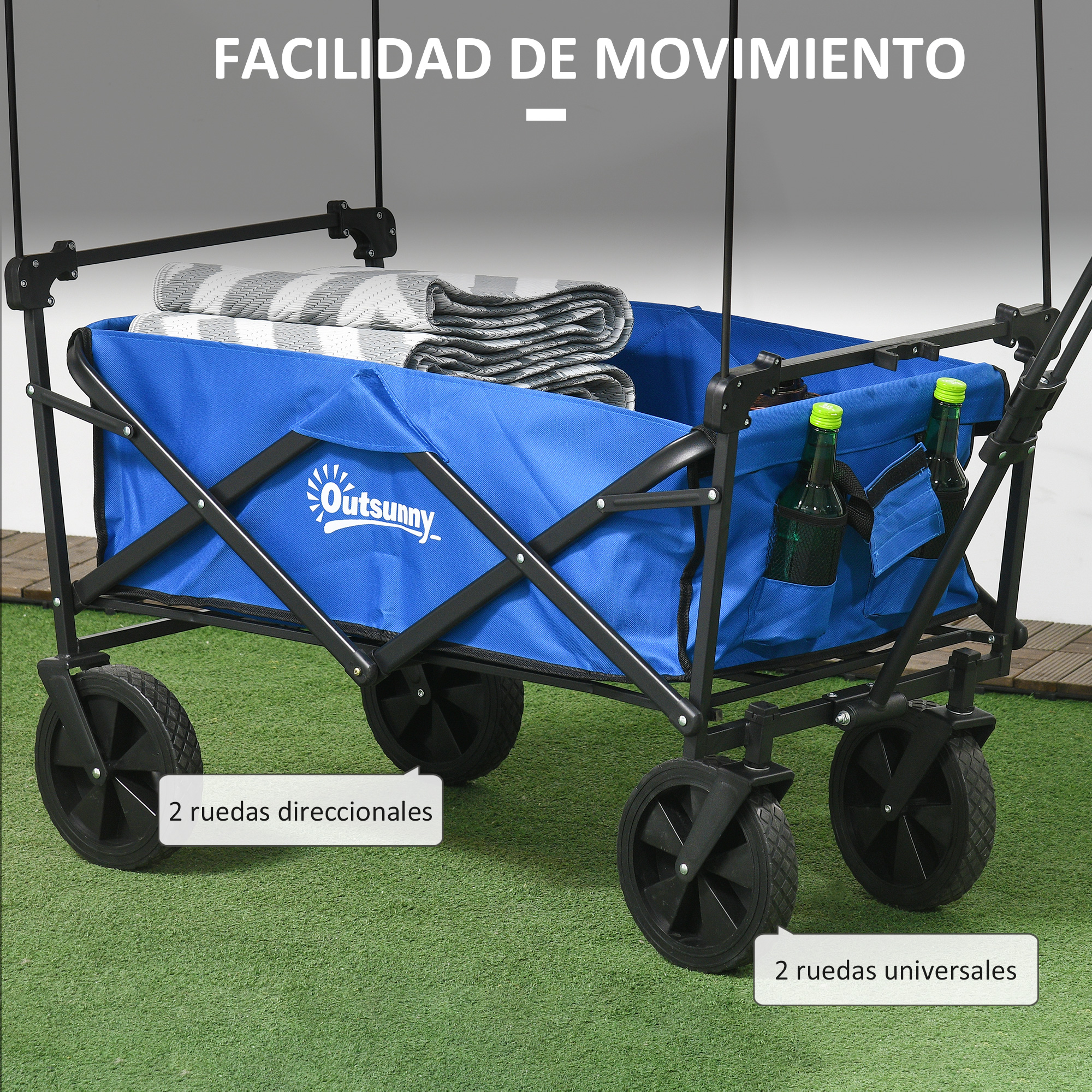 Un carro azul para exteriores con ruedas, bebidas y mantas.