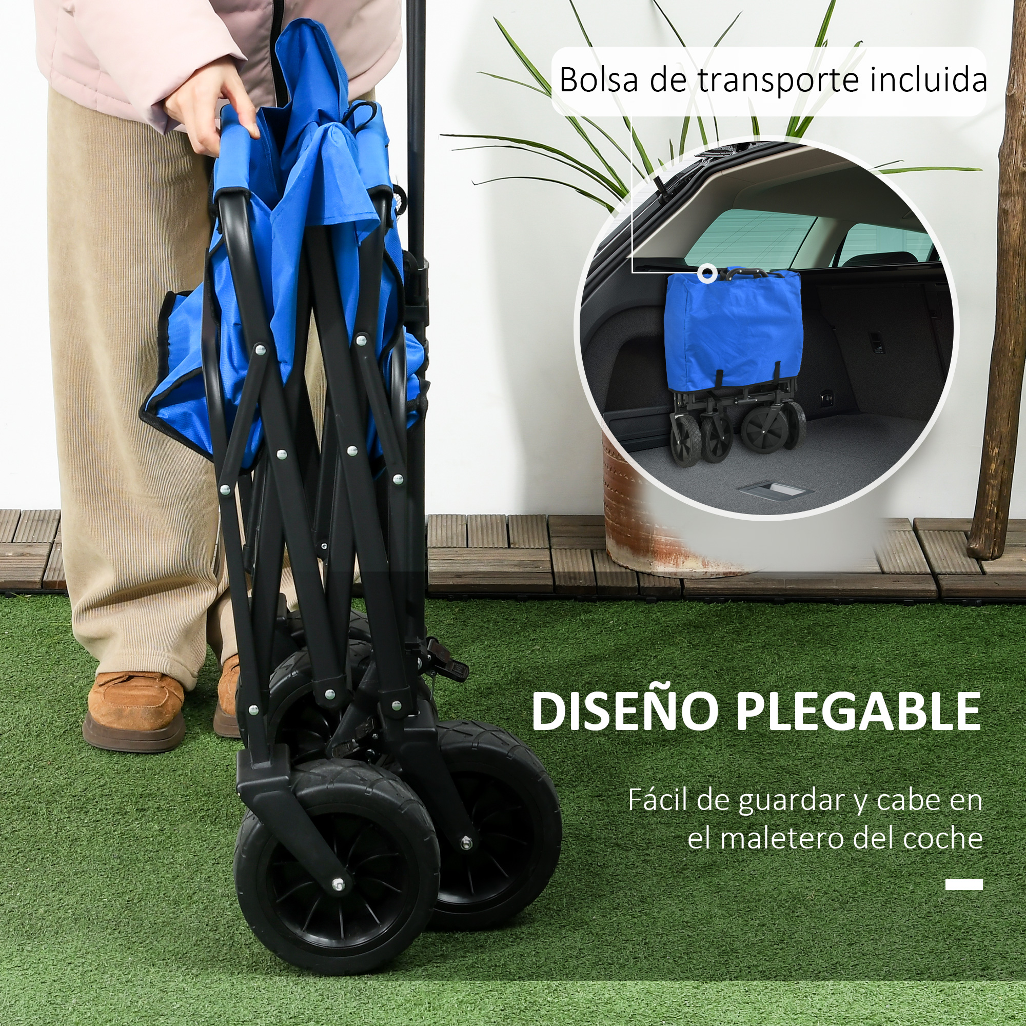 Un carro plegable azul con estructura y ruedas negras.