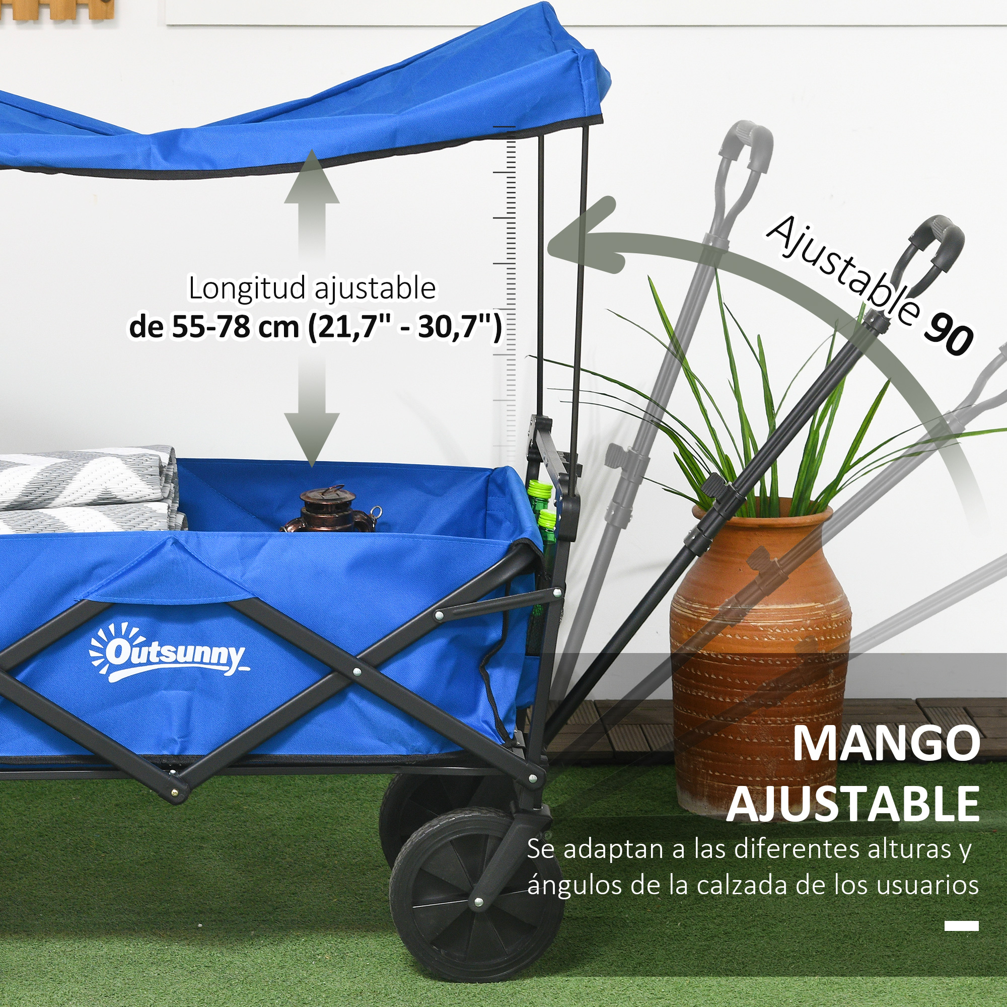 Carro azul con asa y toldo ajustables sobre césped artificial.