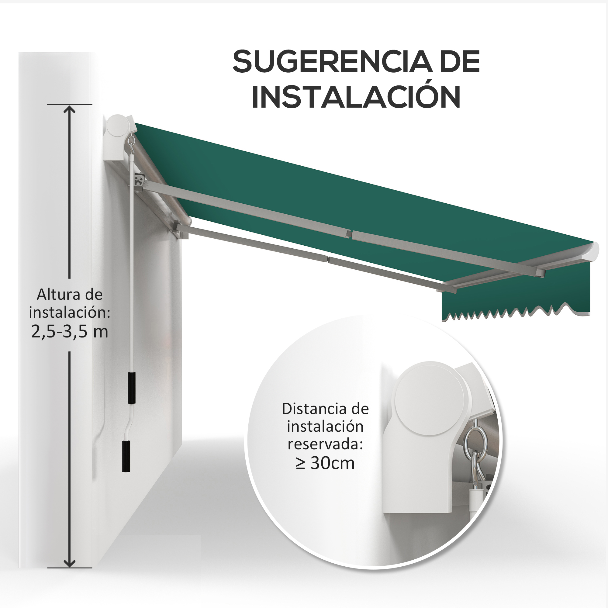 Toldo montado en pared, altura 2,5-3,5m, distancia 30cm.