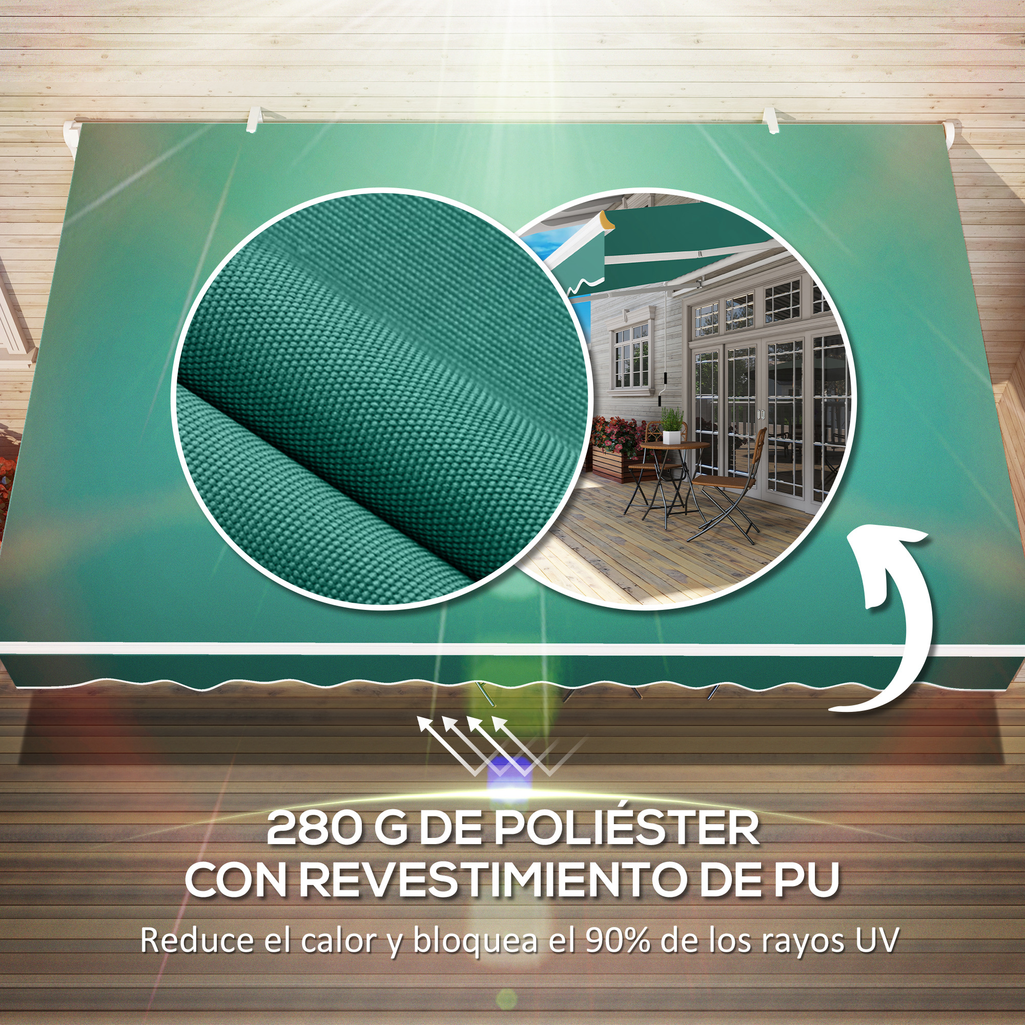 Toldo verde con primer plano de tela y vista de patio con muebles.