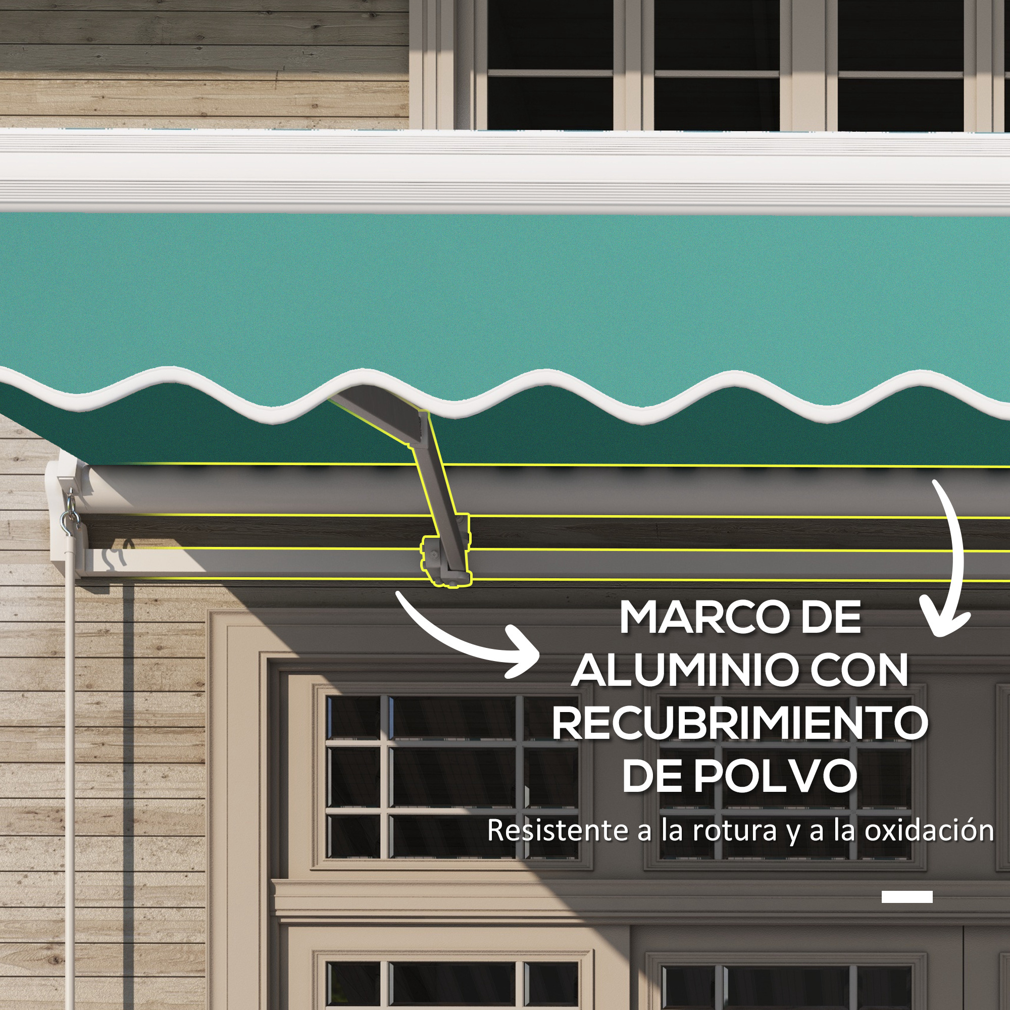 Toldo turquesa con borde blanco sobre una ventana. Marco de aluminio.