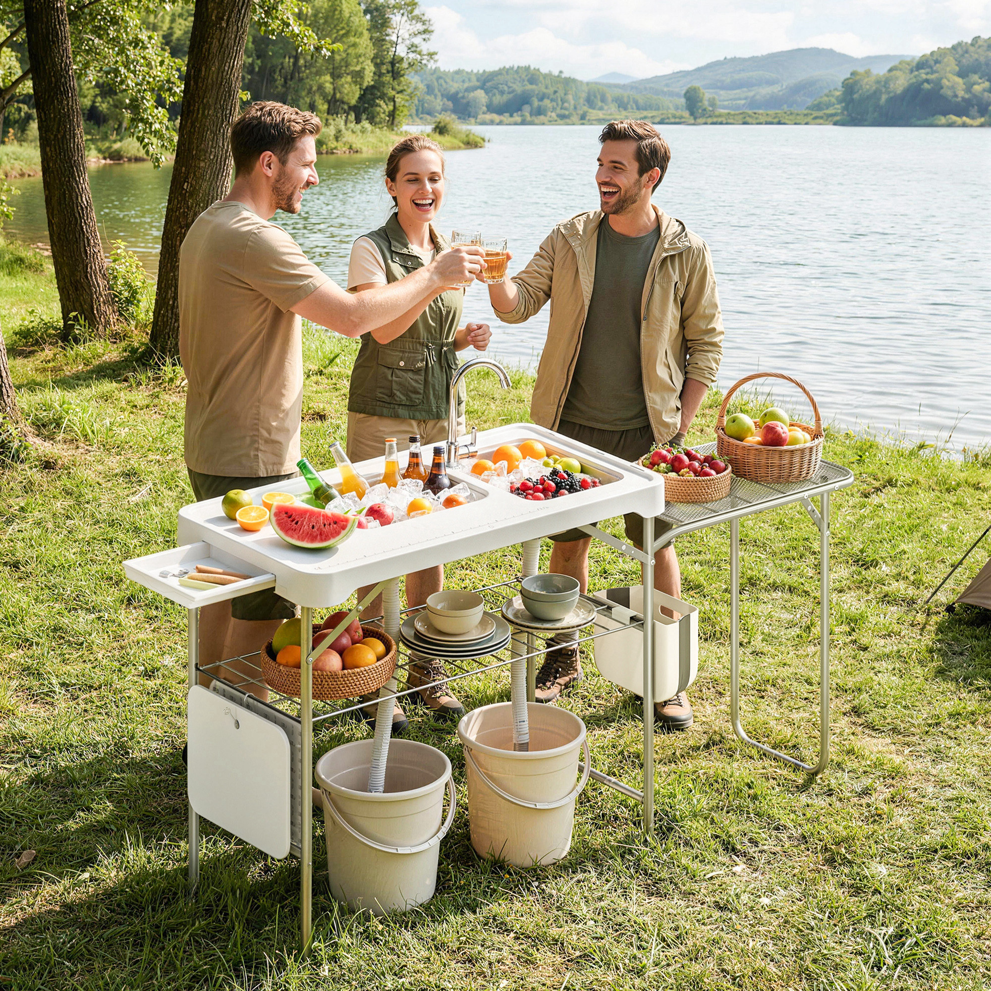 Tres personas brindan junto a un lago. Una mesa con fruta y hielo está al lado.