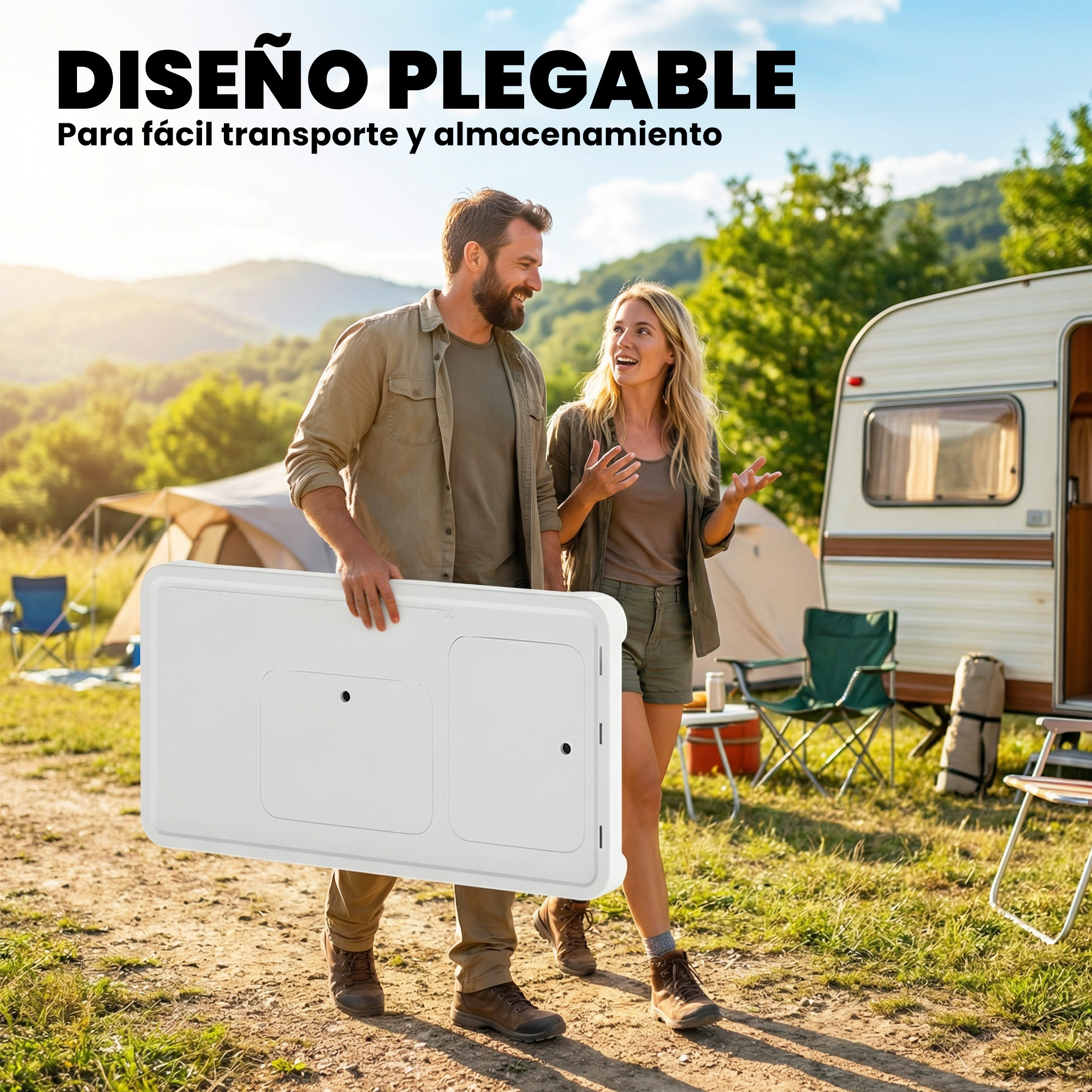 Hombre y mujer llevan tablero blanco al aire libre, caravana al fondo.