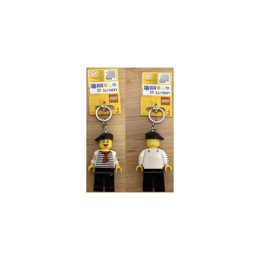 İki Lego anahtarlığı: bereli, kırmızı-beyaz çizgili üstlü ve siyah pantolonlu erkek.