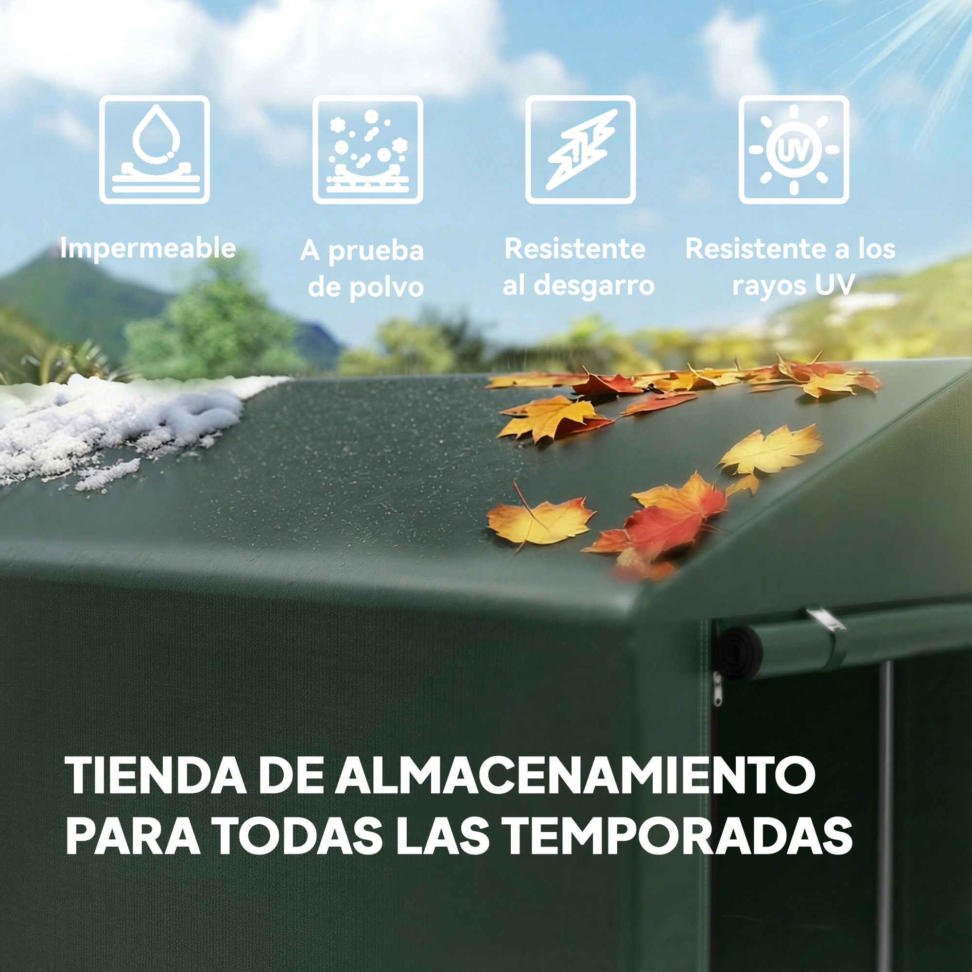 Tienda de almacenamiento verde con nieve y hojas de otoño en techo.
