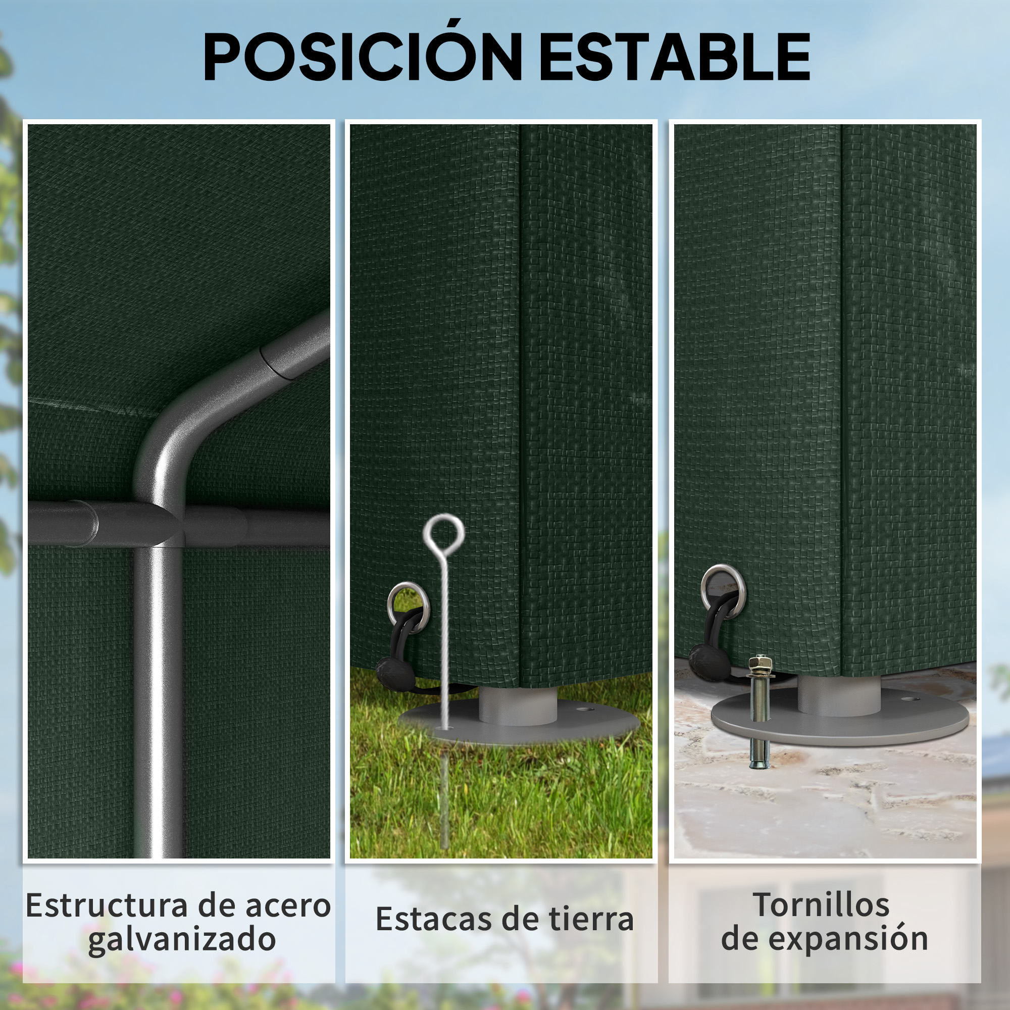 Detalles de una carpa verde oscuro: estructura de acero, estacas, tornillos.