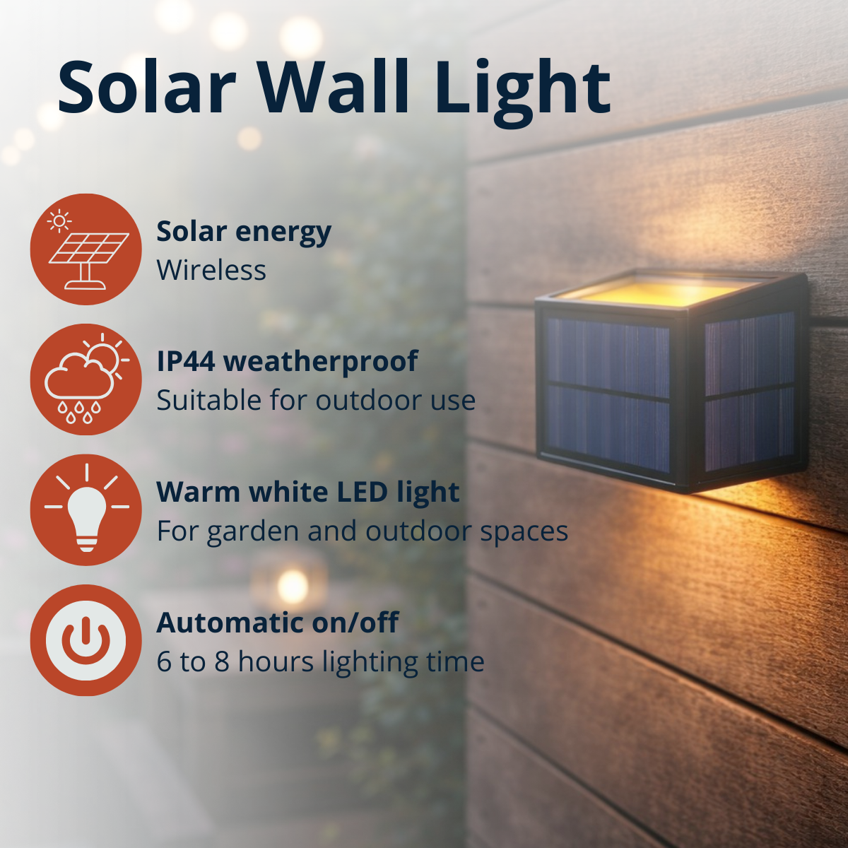 Solar wall light with info on energy, weatherproof, light, and auto on/off.