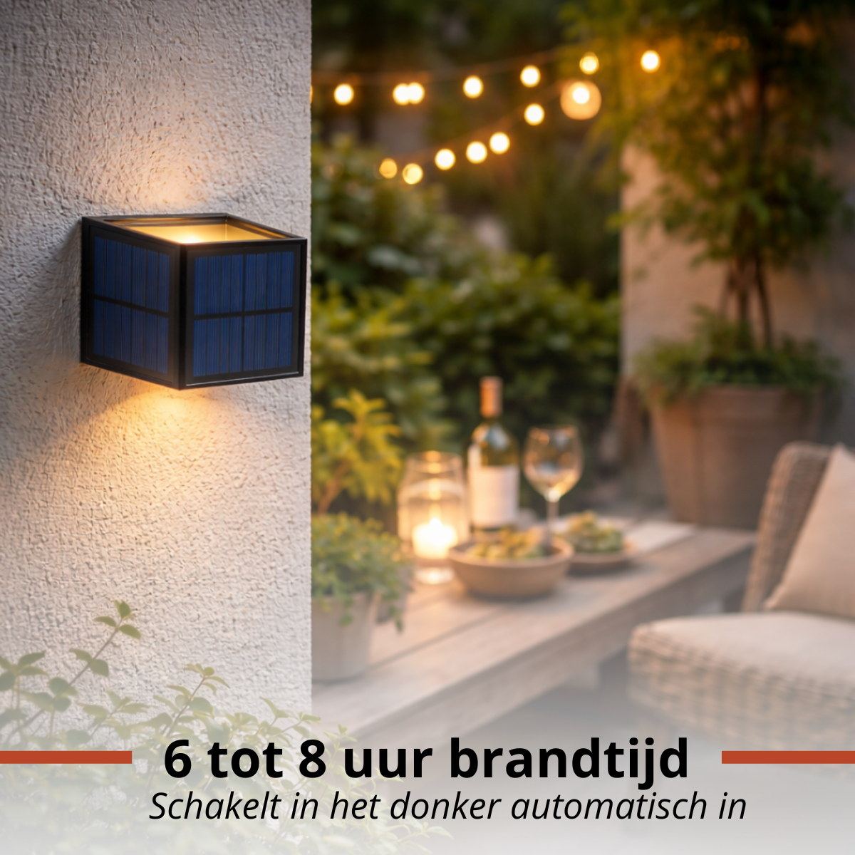 Solar wall light illuminates wall and garden furniture in evening light.