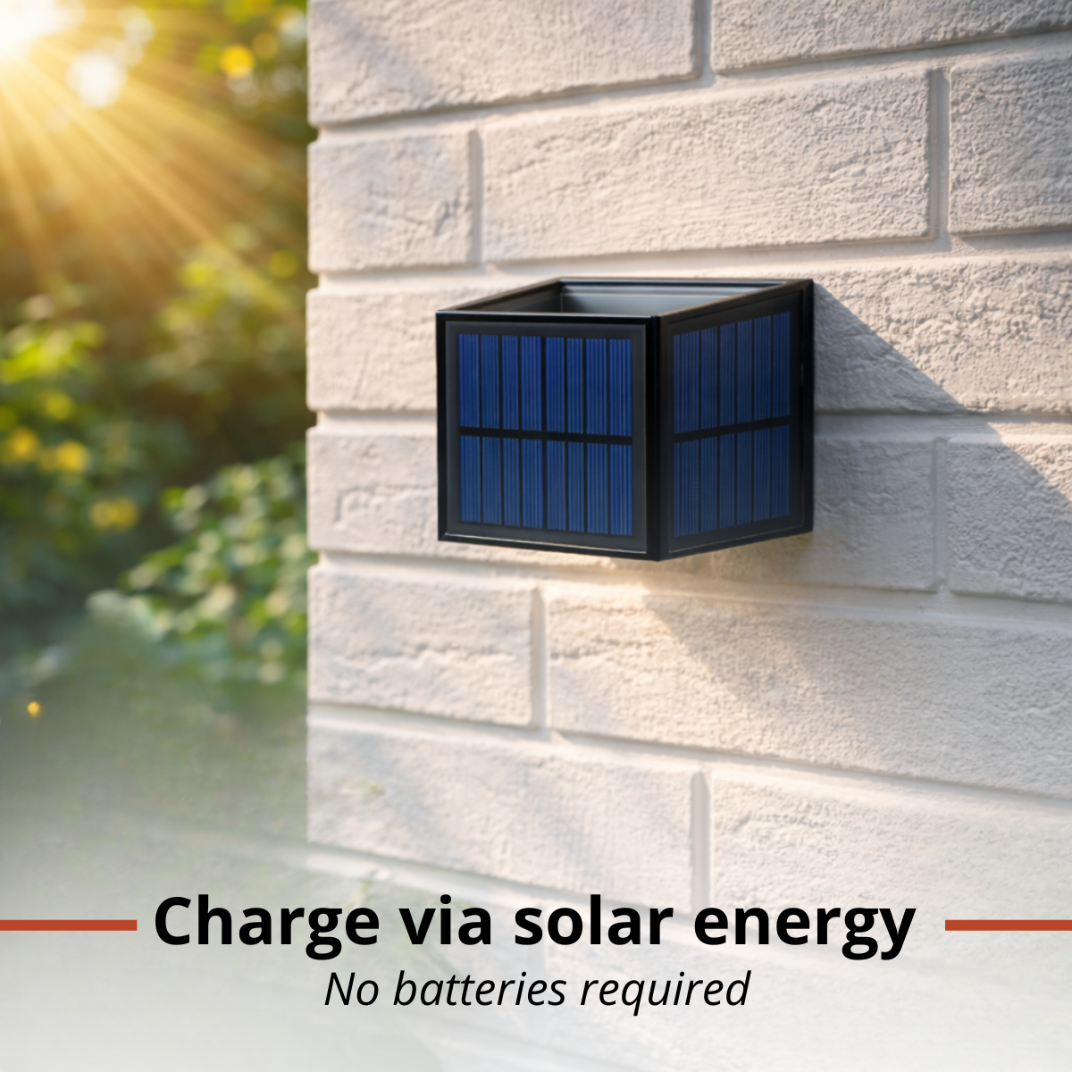 A solar light with blue panels on a white brick wall, sunlight beams from the left.