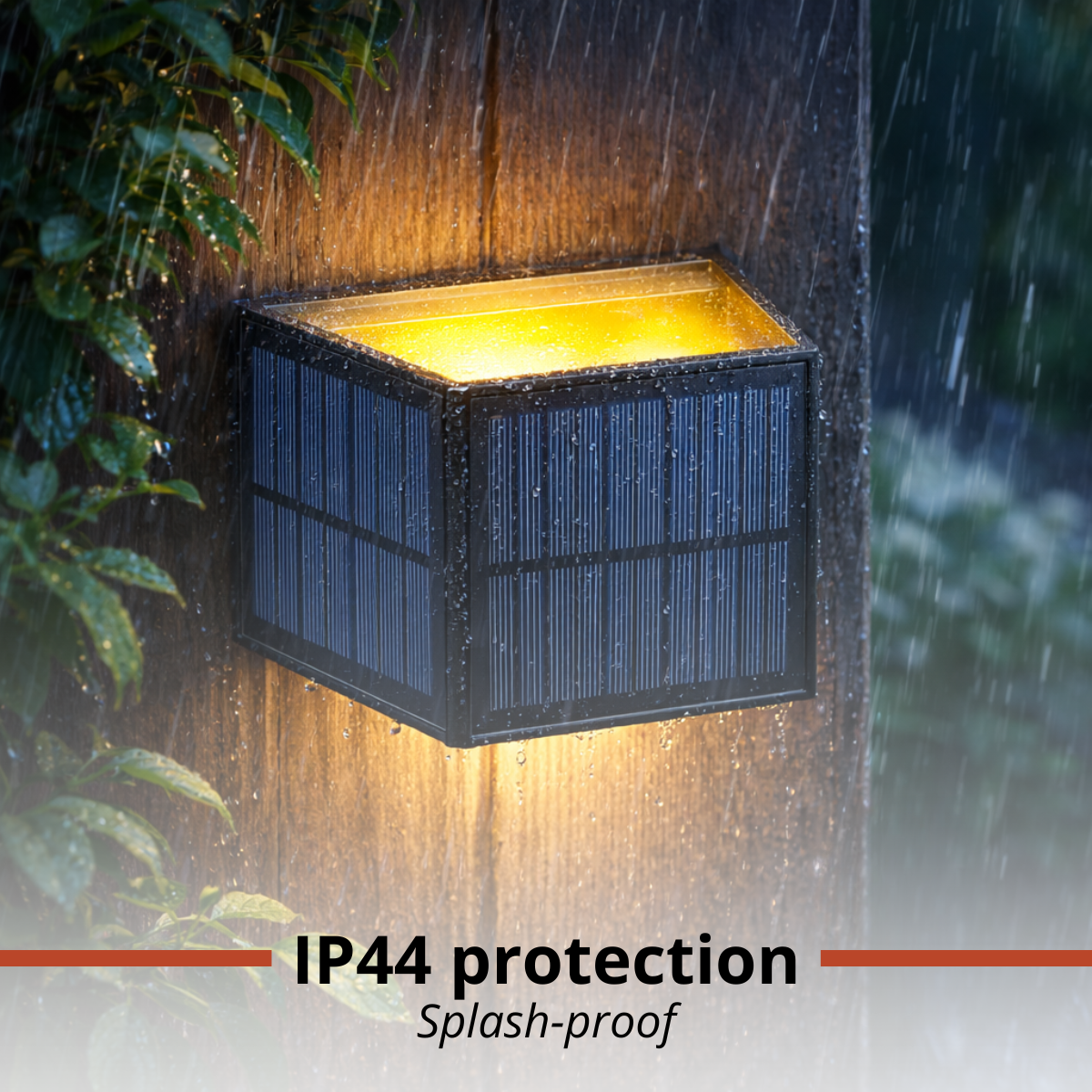 A dark solar light with yellow glow on a wooden post in the rain.