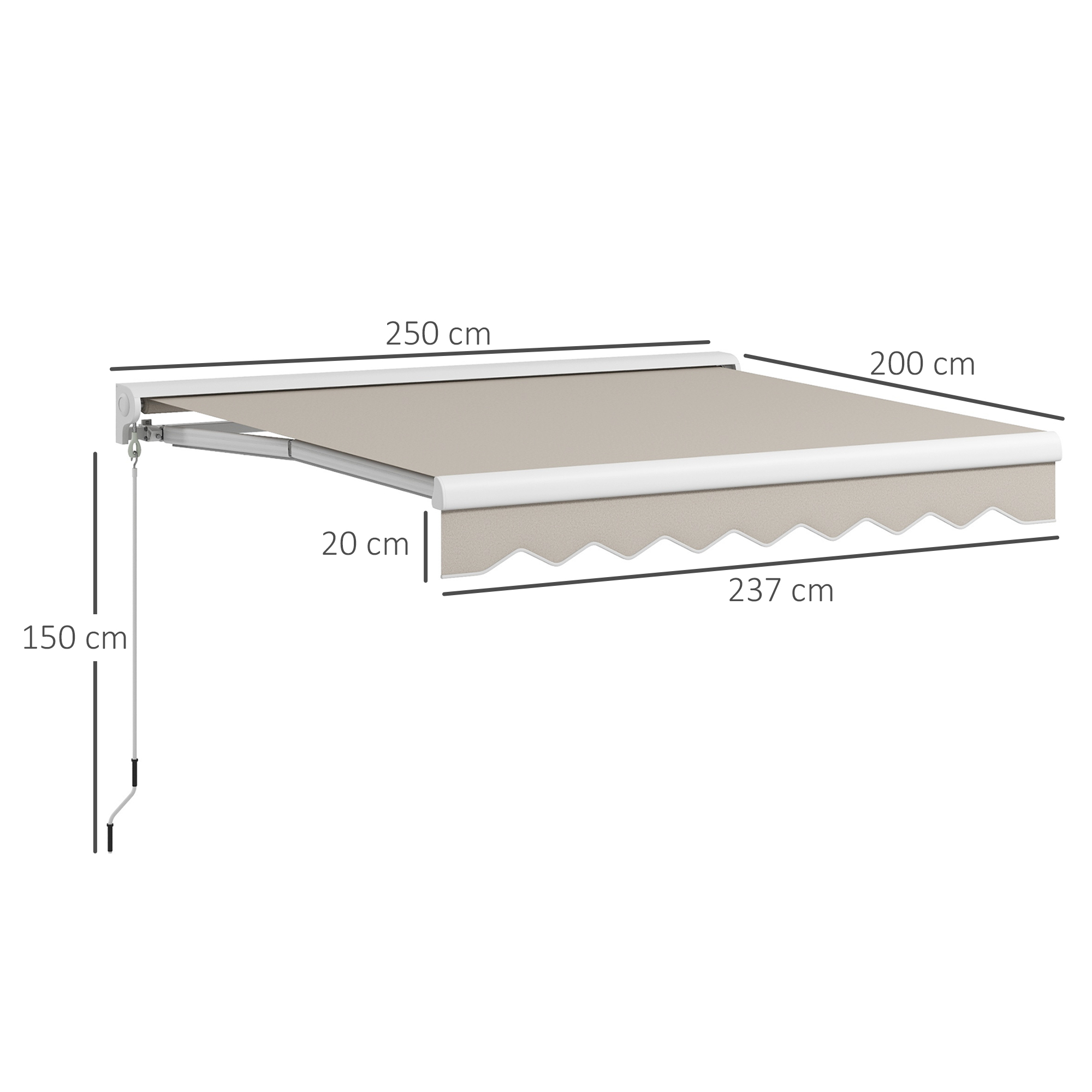 Un toldo extendido con dimensiones 250x200 cm y 237 cm de proyección.