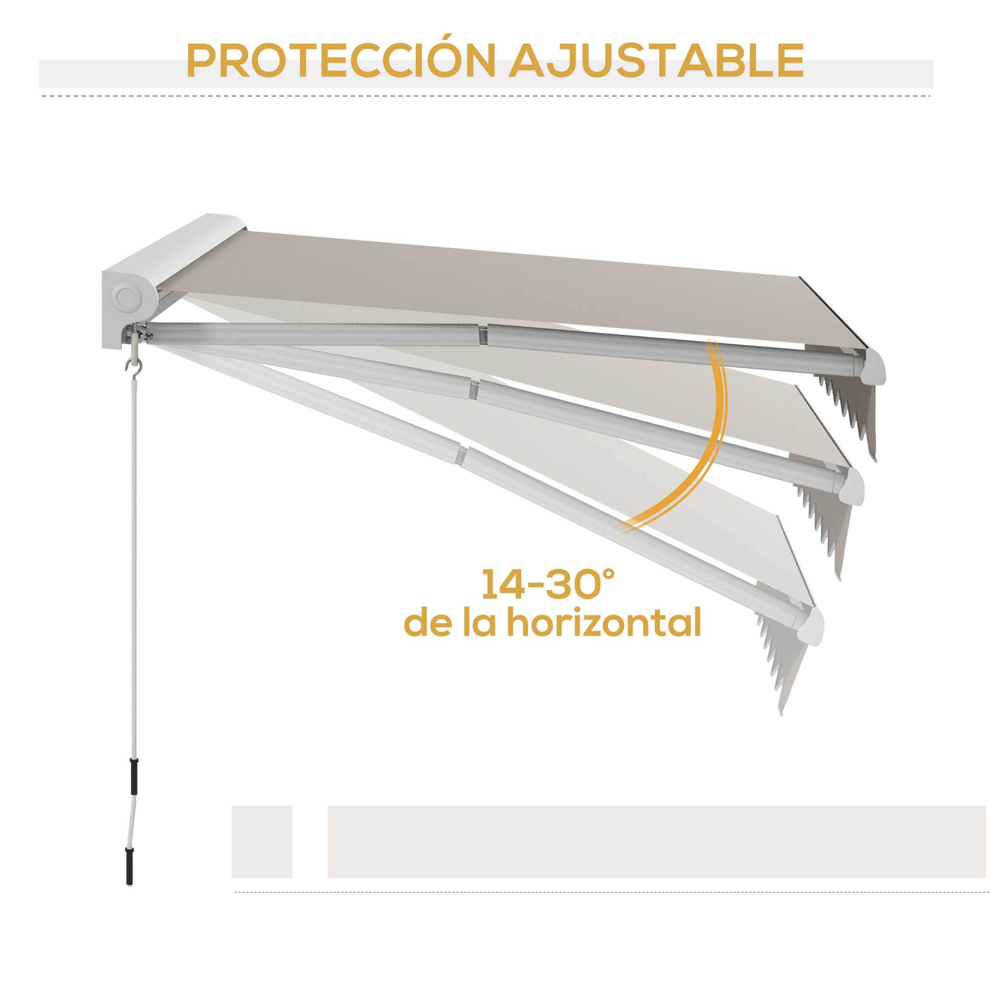 Un brazo de toldo ajustable que muestra un ángulo de inclinación de 14-30.