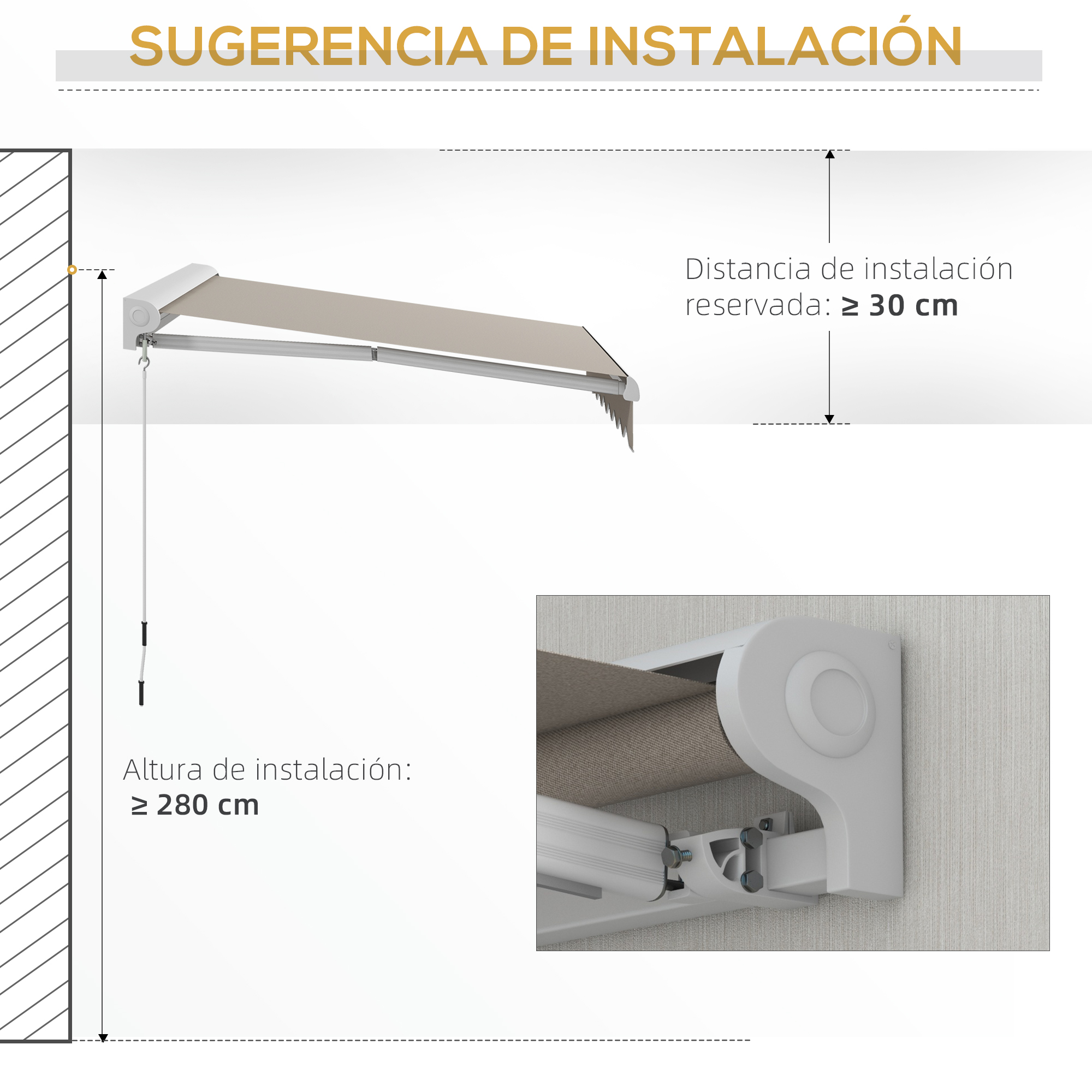 Toldo con notas de instalación: Altura mínima 280 cm, distancia mínima 30 cm.
