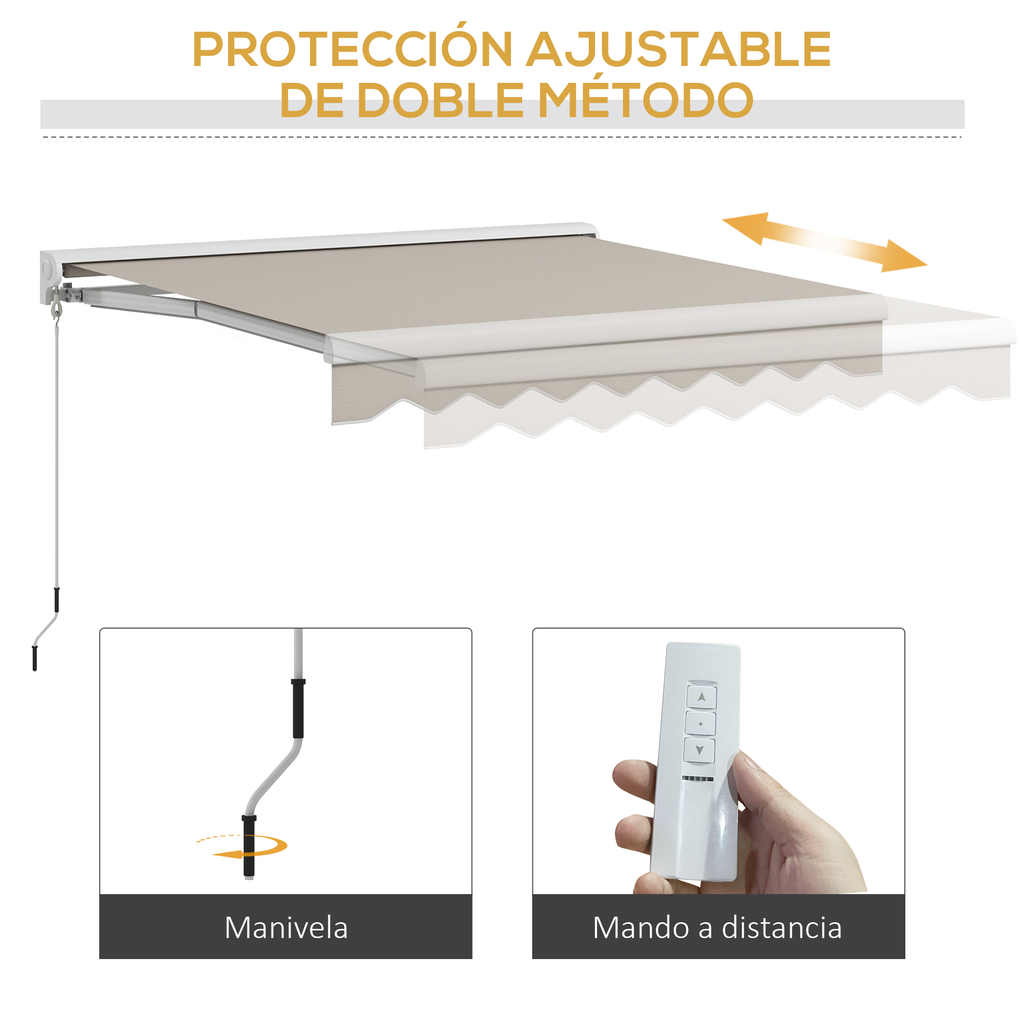 Un toldo extendido con manivela y control remoto.